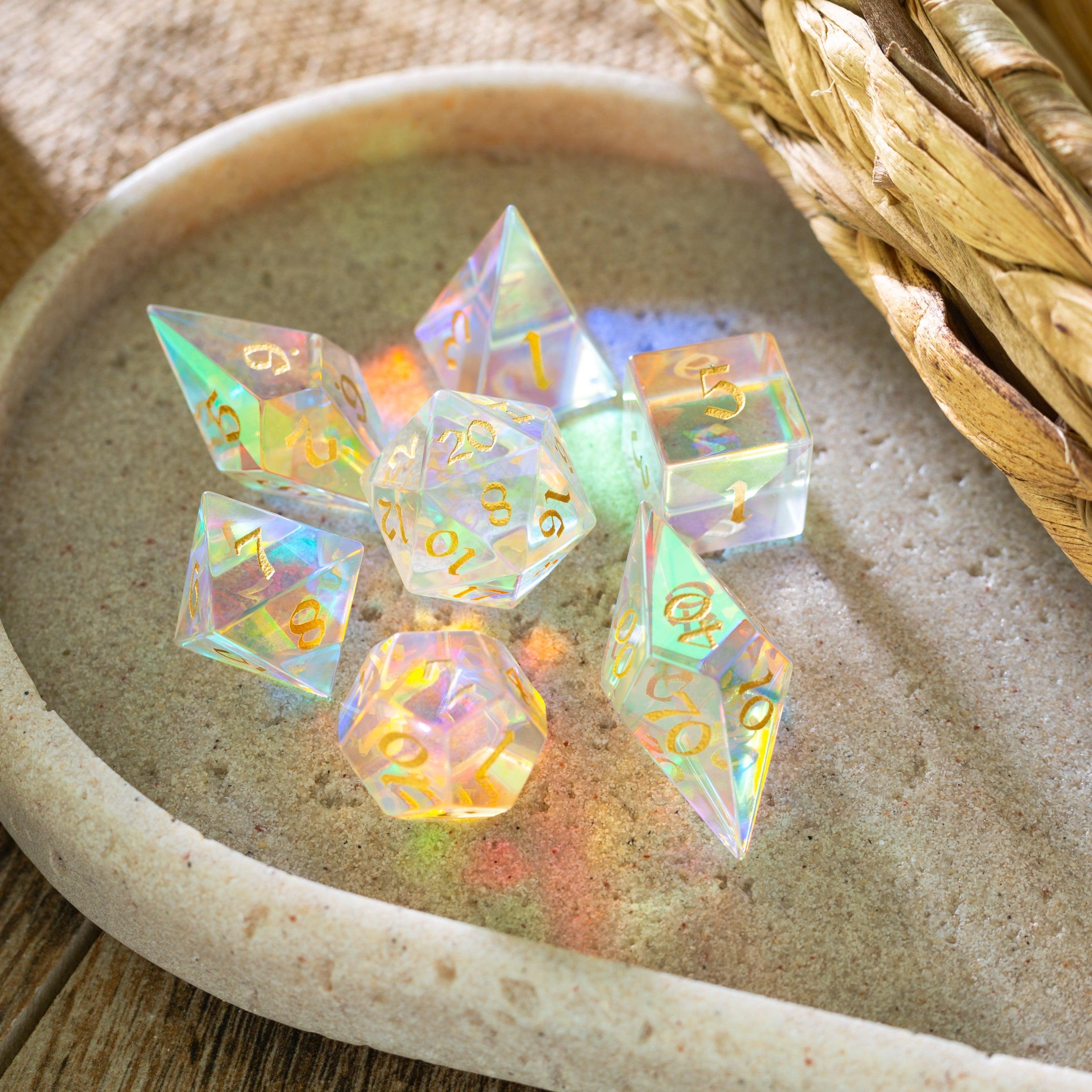 Gemstone Dichroic Glass Elven Cut DND Dice Set