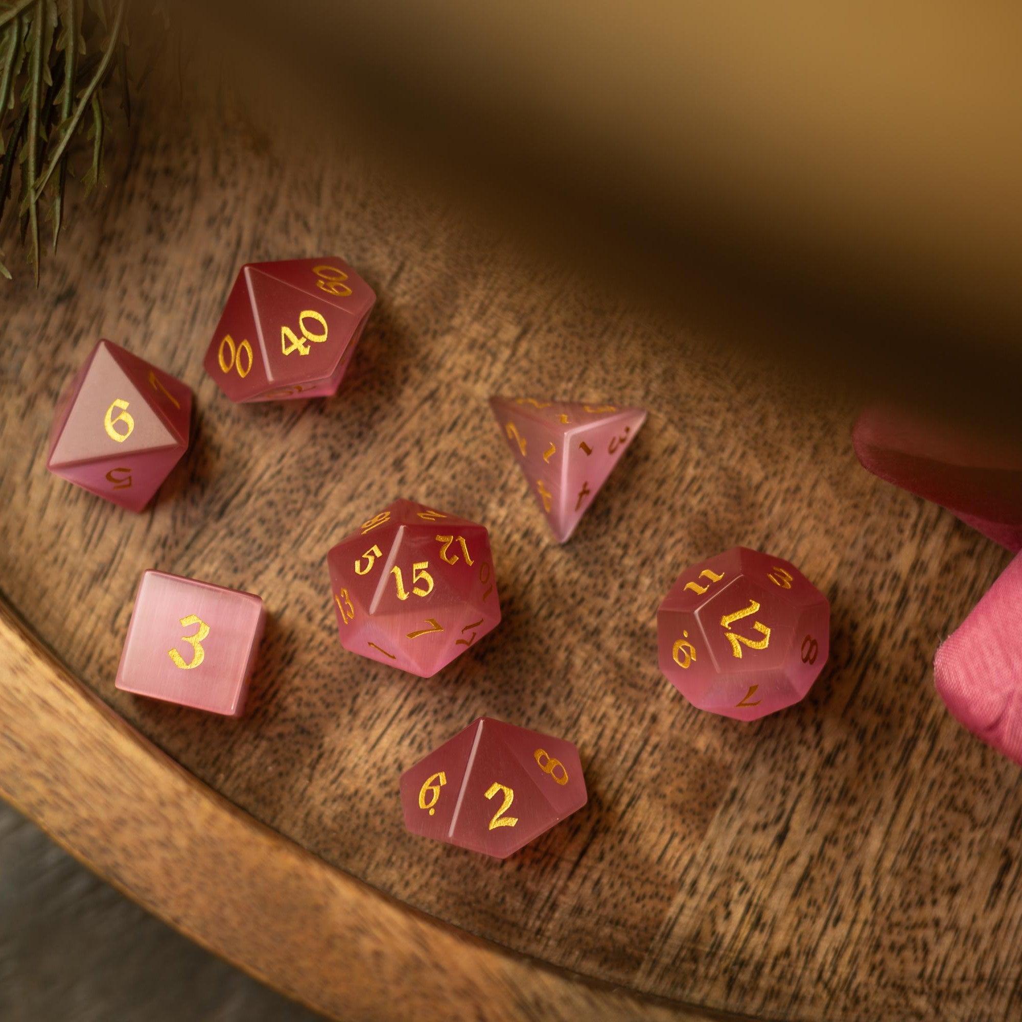 Gemstone Pink Watermelon Cats Eye Stone Hand Carved DND Dice Set