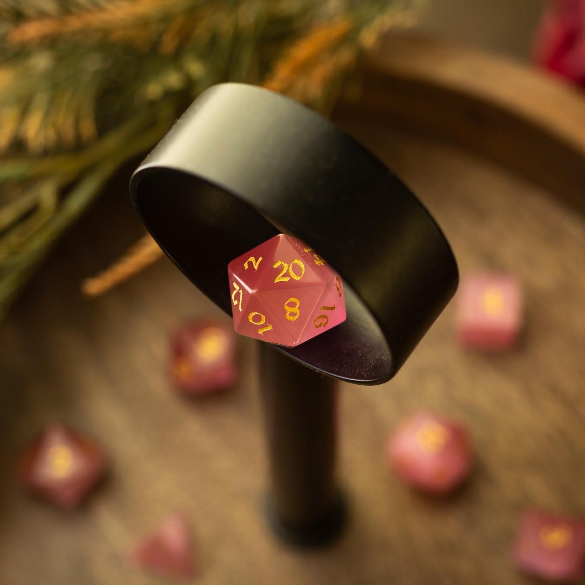 Gemstone Pink Watermelon Cats Eye Stone Hand Carved DND Dice Set