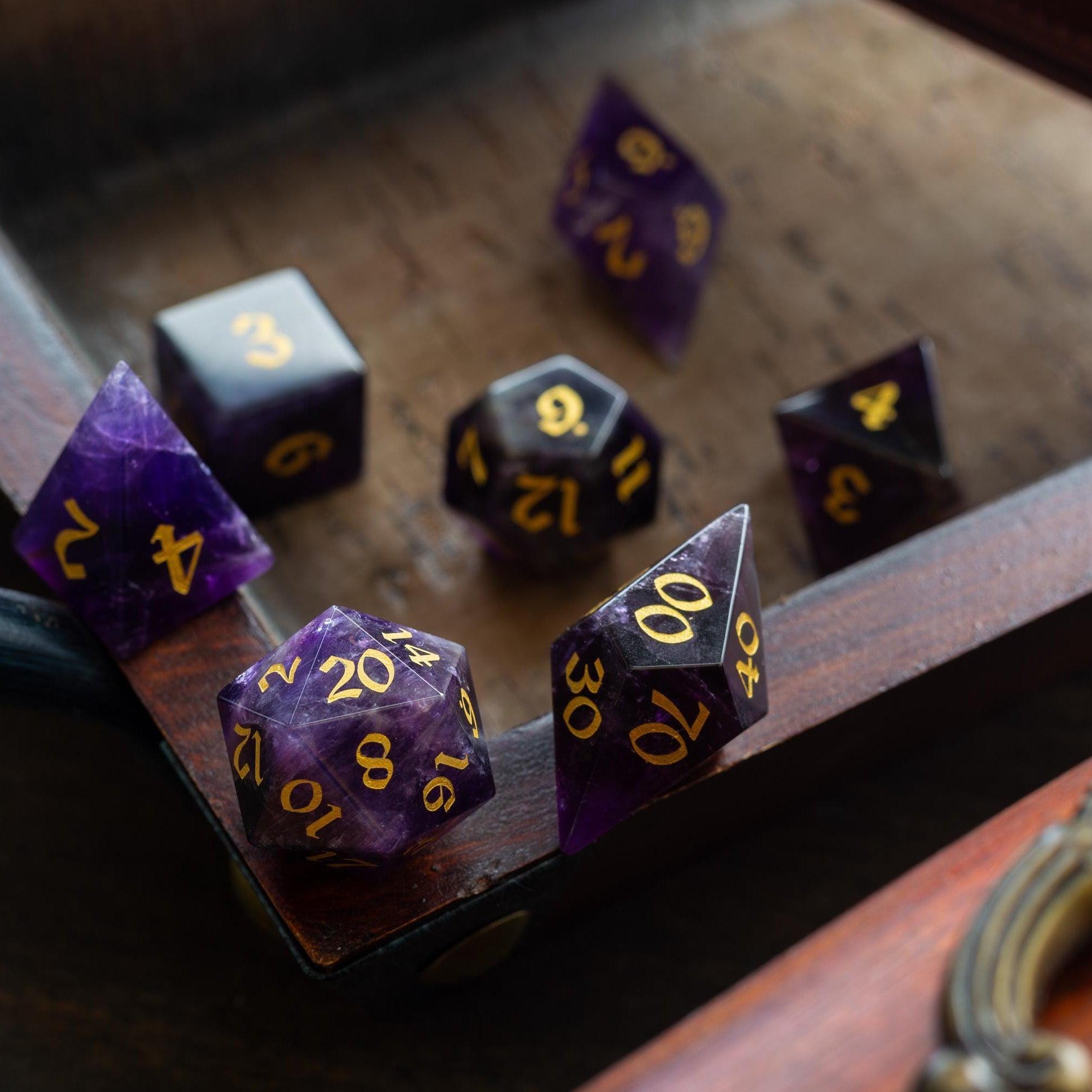 Gemstone Purple Amethyst Elven Cut DND Dice Set