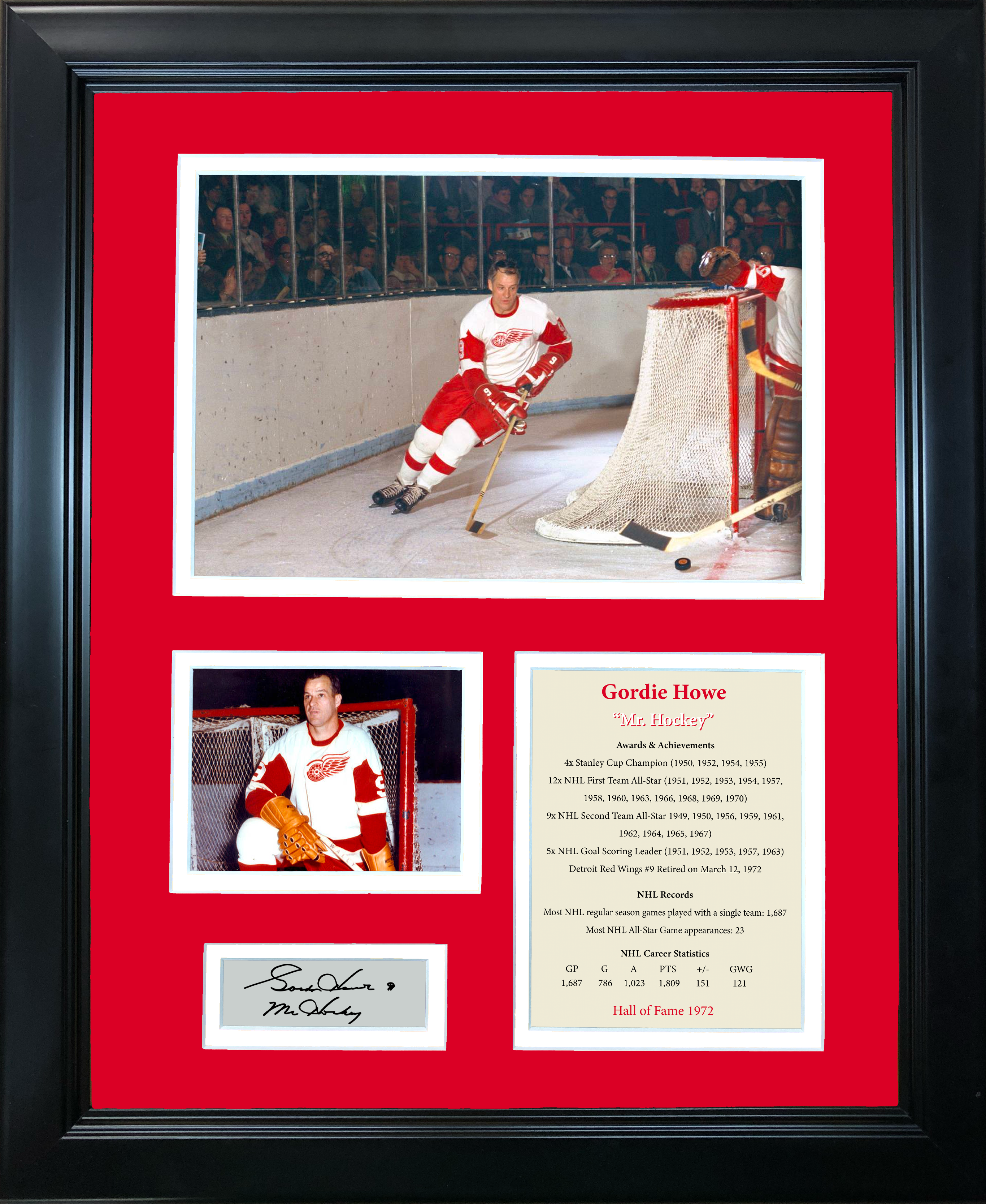 Framed Gordie Howe Mr. Hockey Hall of Fame Facsimile Laser Engraved Signature Auto Detroit Red Wings 11"x14" Hockey Photo Sig Collage
