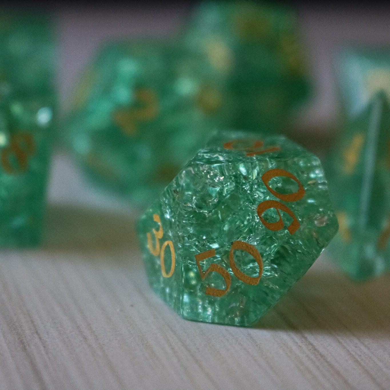 Green Lightning Cracked Glass DND Dice Set