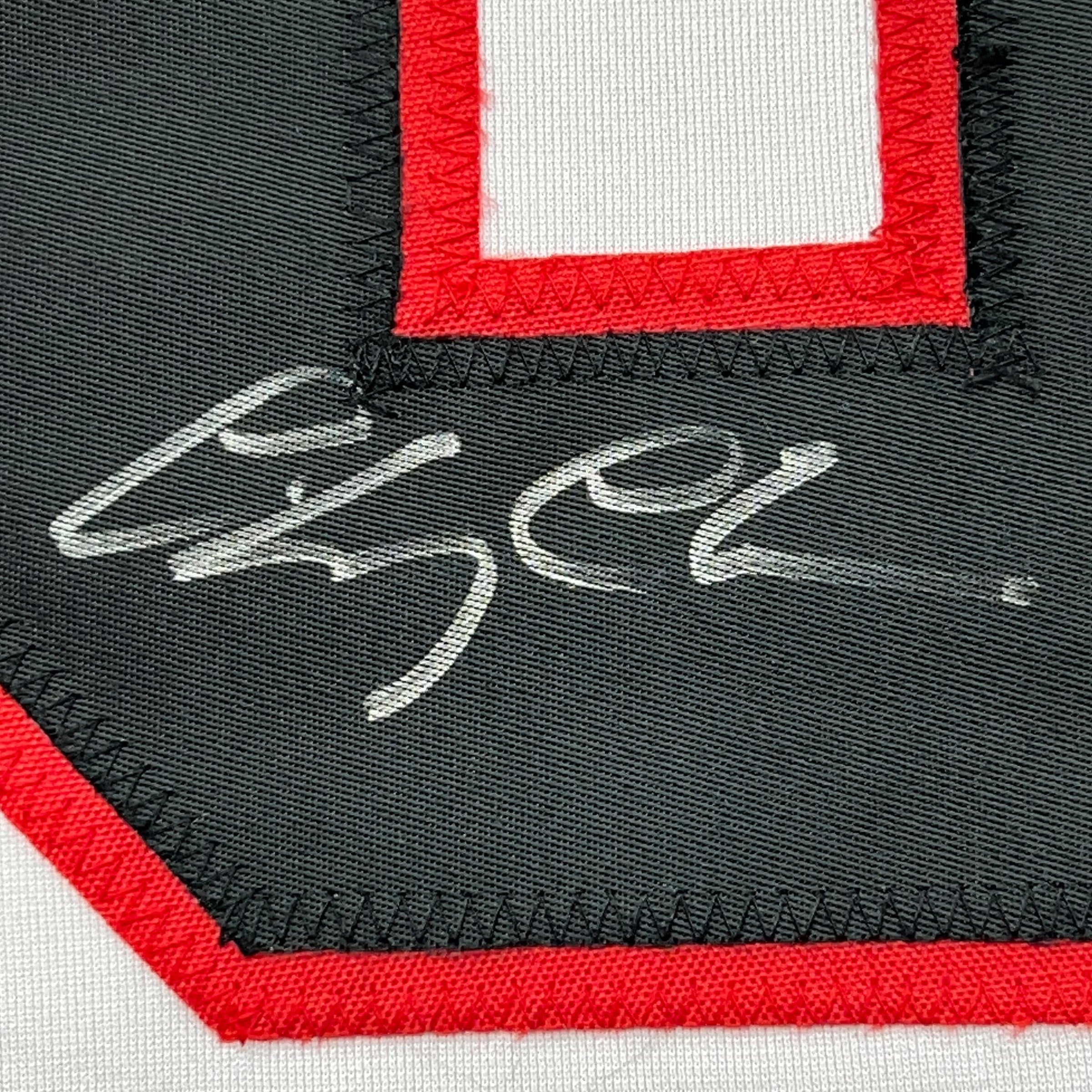 Framed Autographed/Signed Chevy Chase 35x39 Clark Griswold Christmas Vacation Movie Chicago White Hockey Jersey Beckett BAS COA