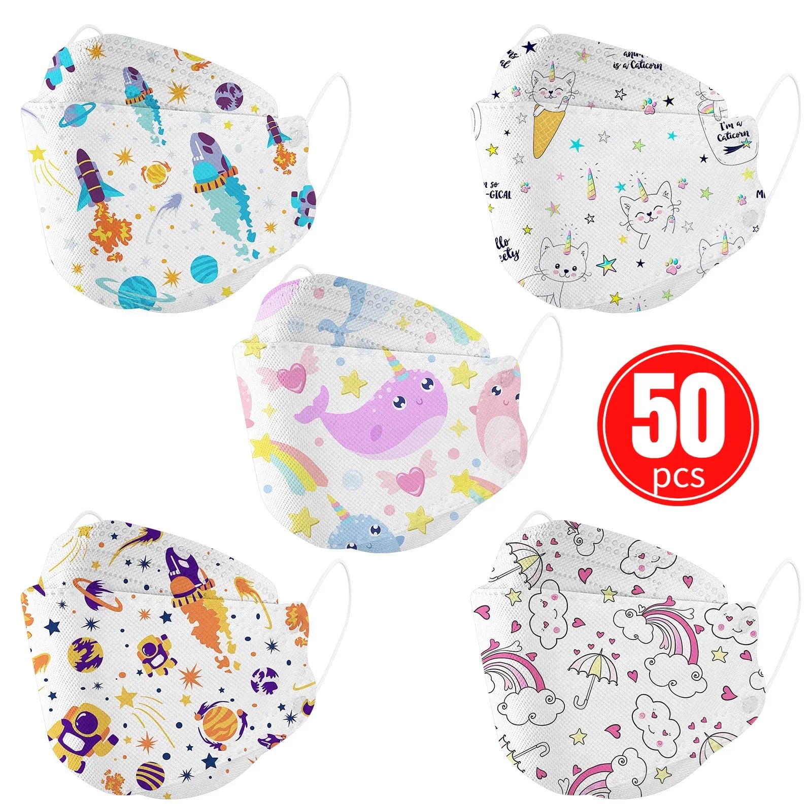 Kids KN95 Masks – Cartoon Dinosaur, Cat, and Rainbow Prints – 4-Ply Breathable