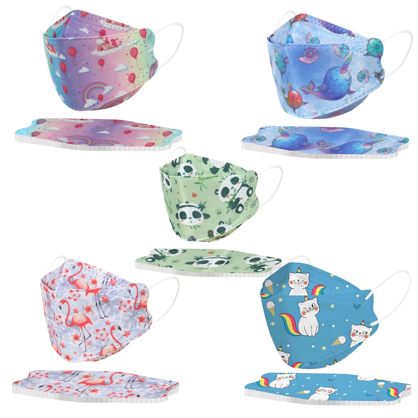 Kids KN95 Masks – Cartoon Dinosaur, Cat, and Rainbow Prints – 4-Ply Breathable