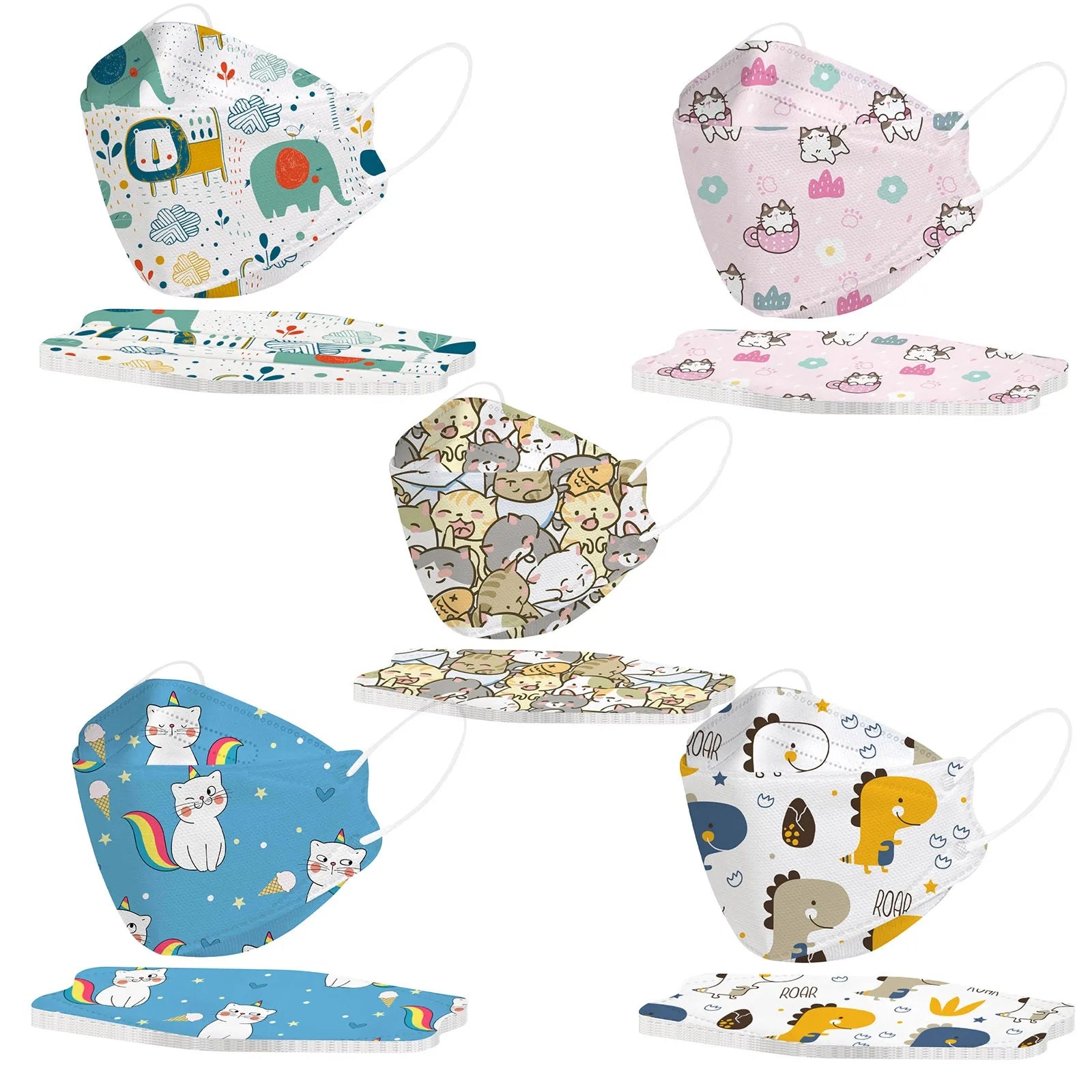 Kids KN95 Masks – Cartoon Dinosaur, Cat, and Rainbow Prints – 4-Ply Breathable