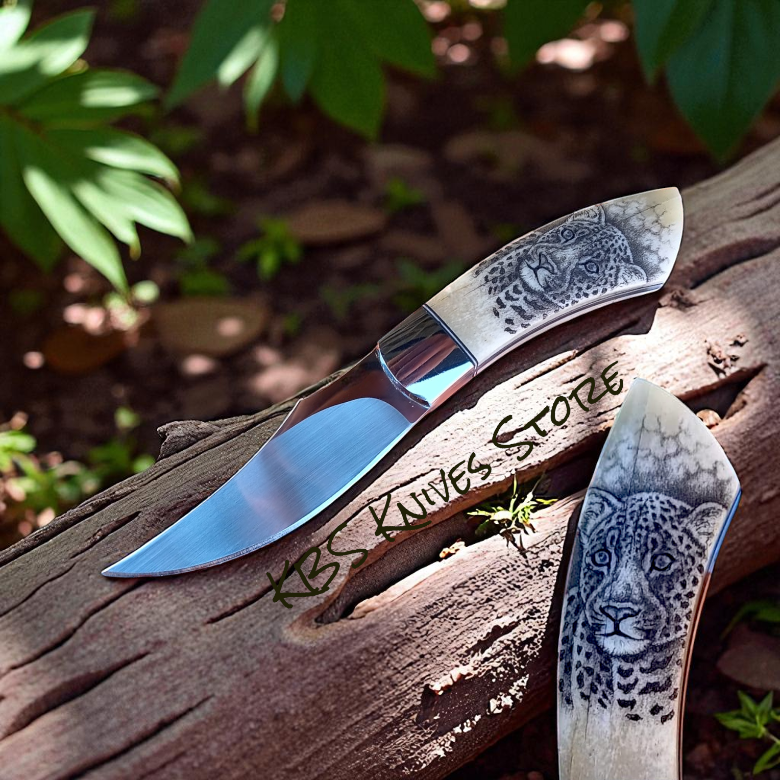 Hand-Engraved Scrimshaw Skinning Knife – 7" Full Tang D2 Steel with Camel Bone Handle & Leather Sheath