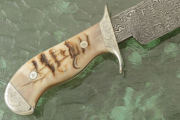 Hand Engraved Tennessee Bowie Knife - Custom Damascus Steel Blade, Ram Horn Handle, Hand Engraved Steel Guard and Bolster, 15" Overall Length | Leather Sheath | KBS Knives