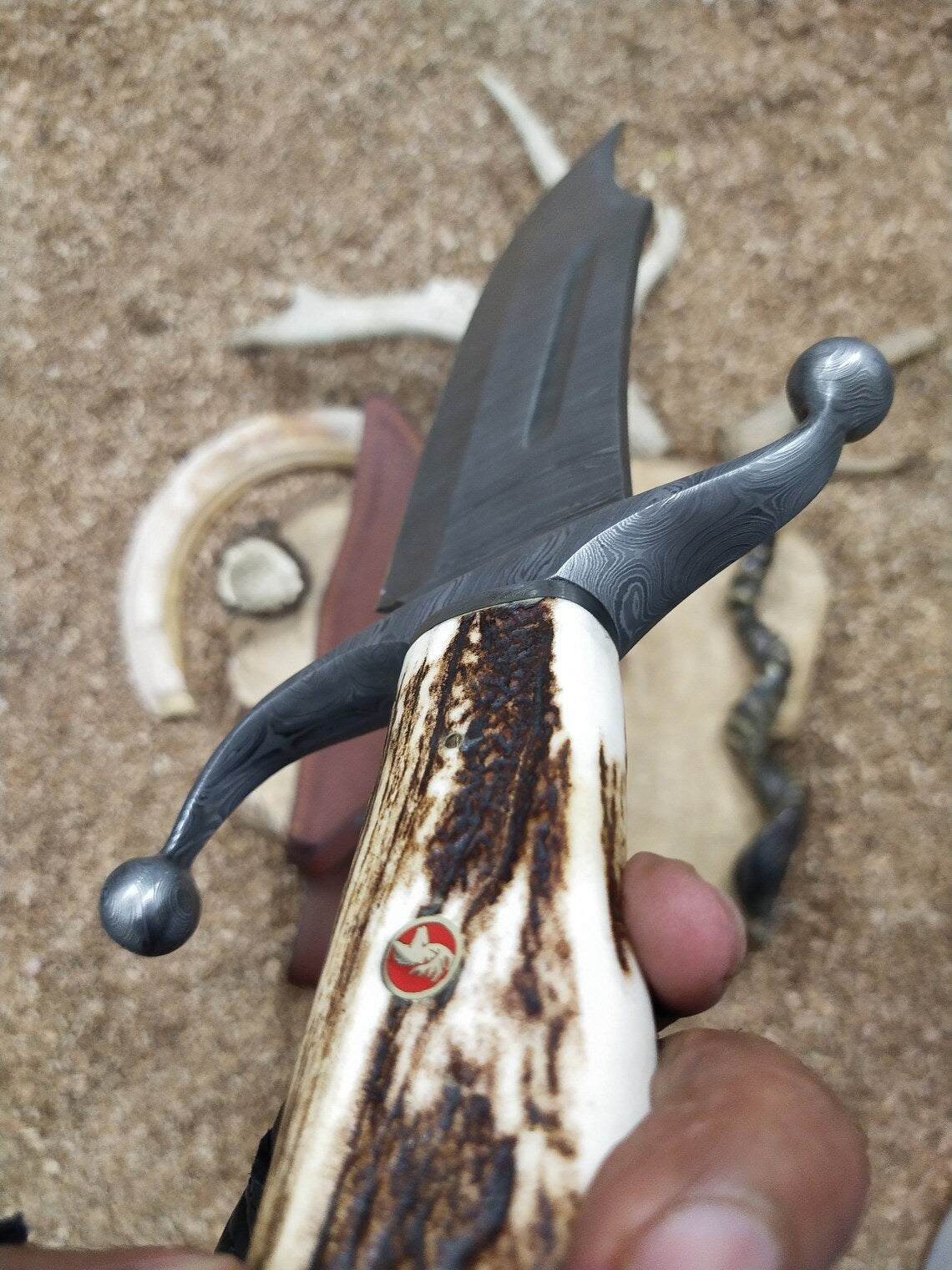 Custom Handmade Bowie Knife with Twisted Damascus Steel Blade and Antler Horn Handle - 15 Inches