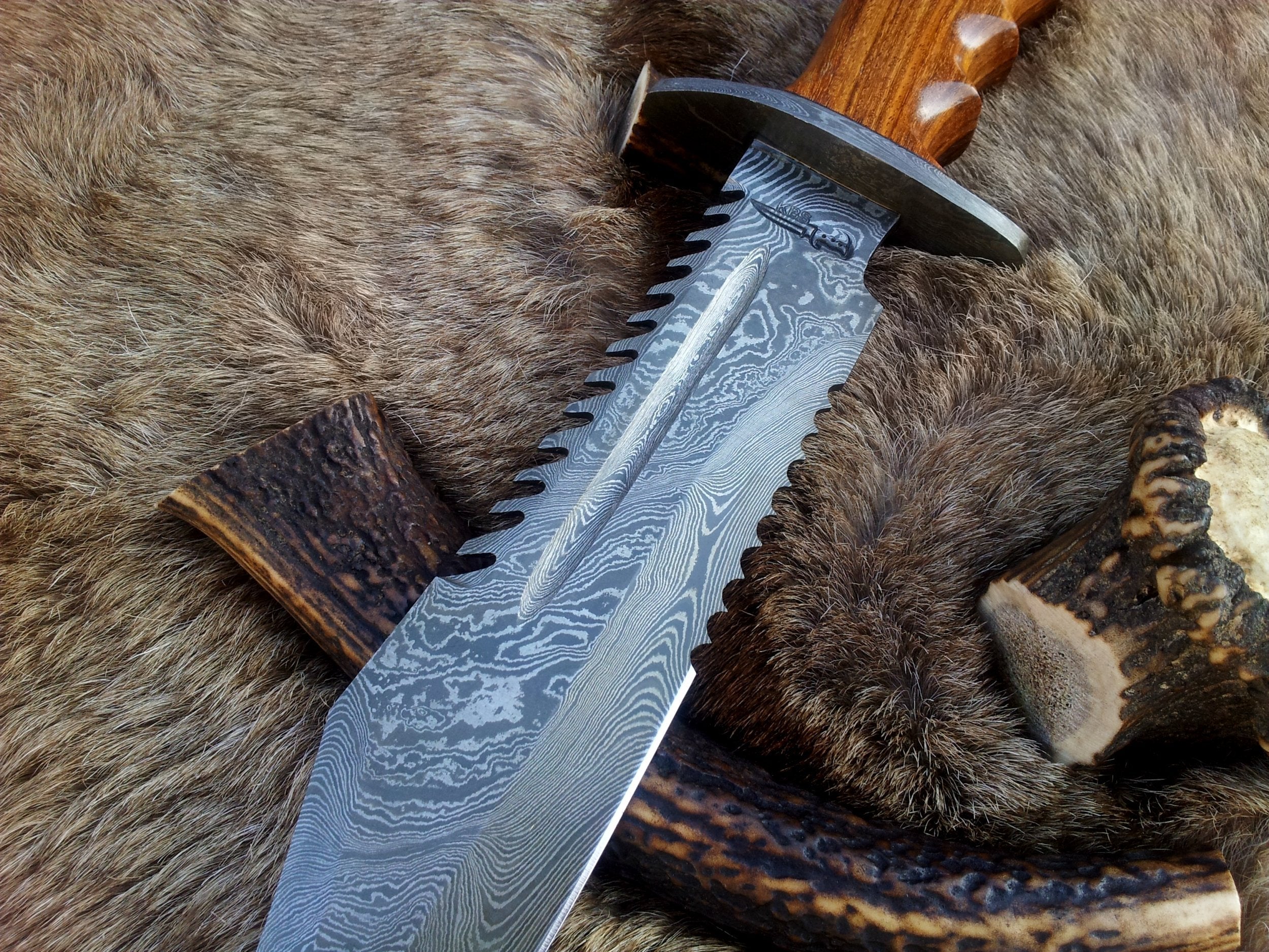 Ranger Survival Bowie Knife with Custom Handcrafted Damascus Steel Blade & Rosewood Handle - 15 Inches