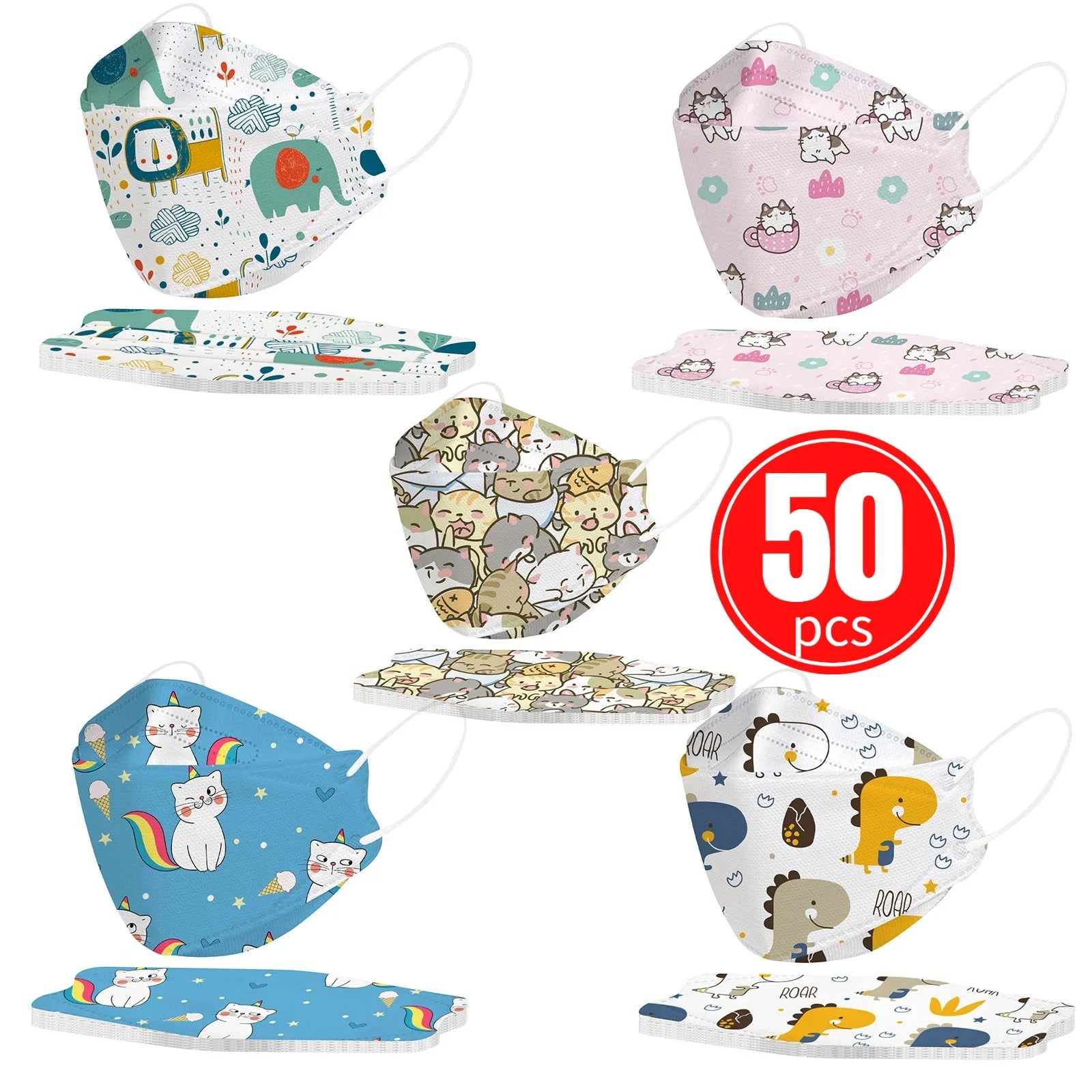 Kids KN95 Masks – Cartoon Dinosaur, Cat, and Rainbow Prints – 4-Ply Breathable