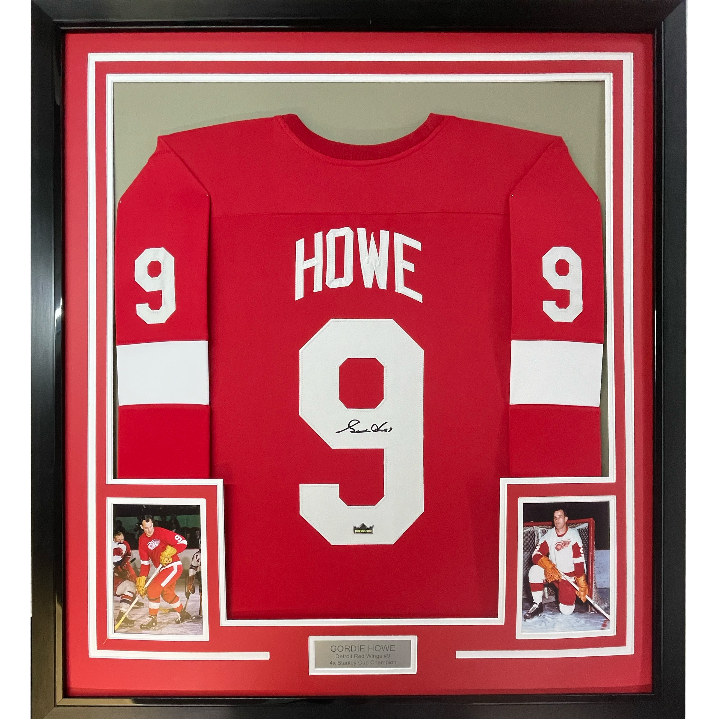 Framed Facsimile Autographed Gordie Howe 35x39 Detroit Red Reprint Laser Auto Hockey Jersey