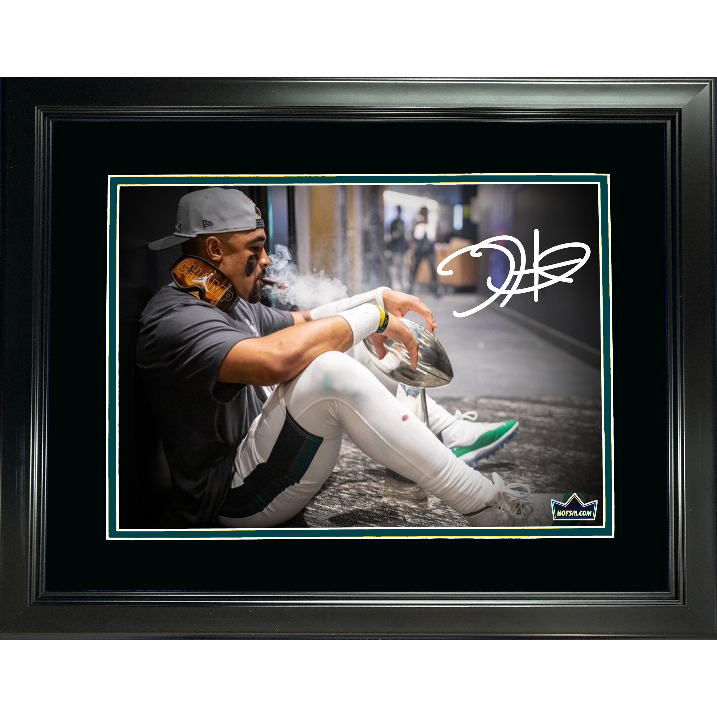Framed Jalen Hurts Super Bowl LIX Cigar Lombardi Trophy Facsimile Laser Engraved Signature Auto Philadelphia Eagles 11"x14" Football Photo HOFSM Holo
