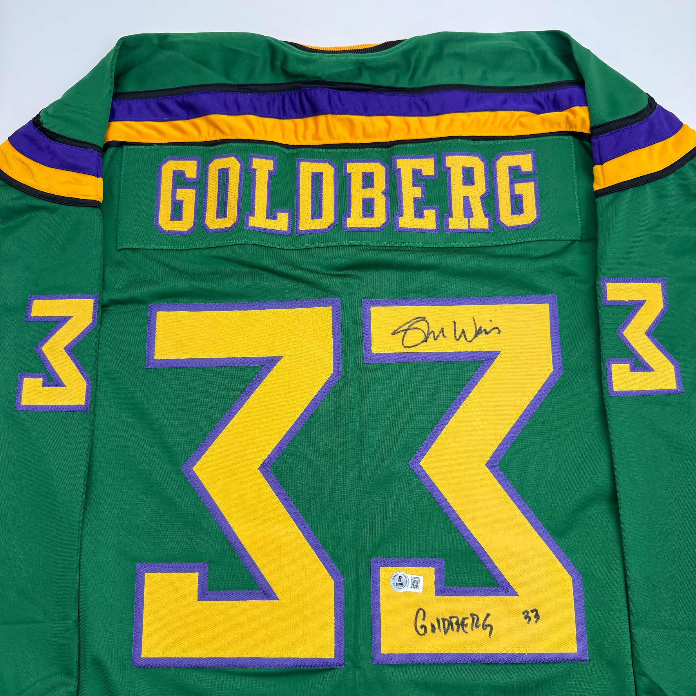 Autographed/Signed Shaun Weiss Greg Goldberg The Mighty Ducks Green Hockey Jersey Beckett BAS COA