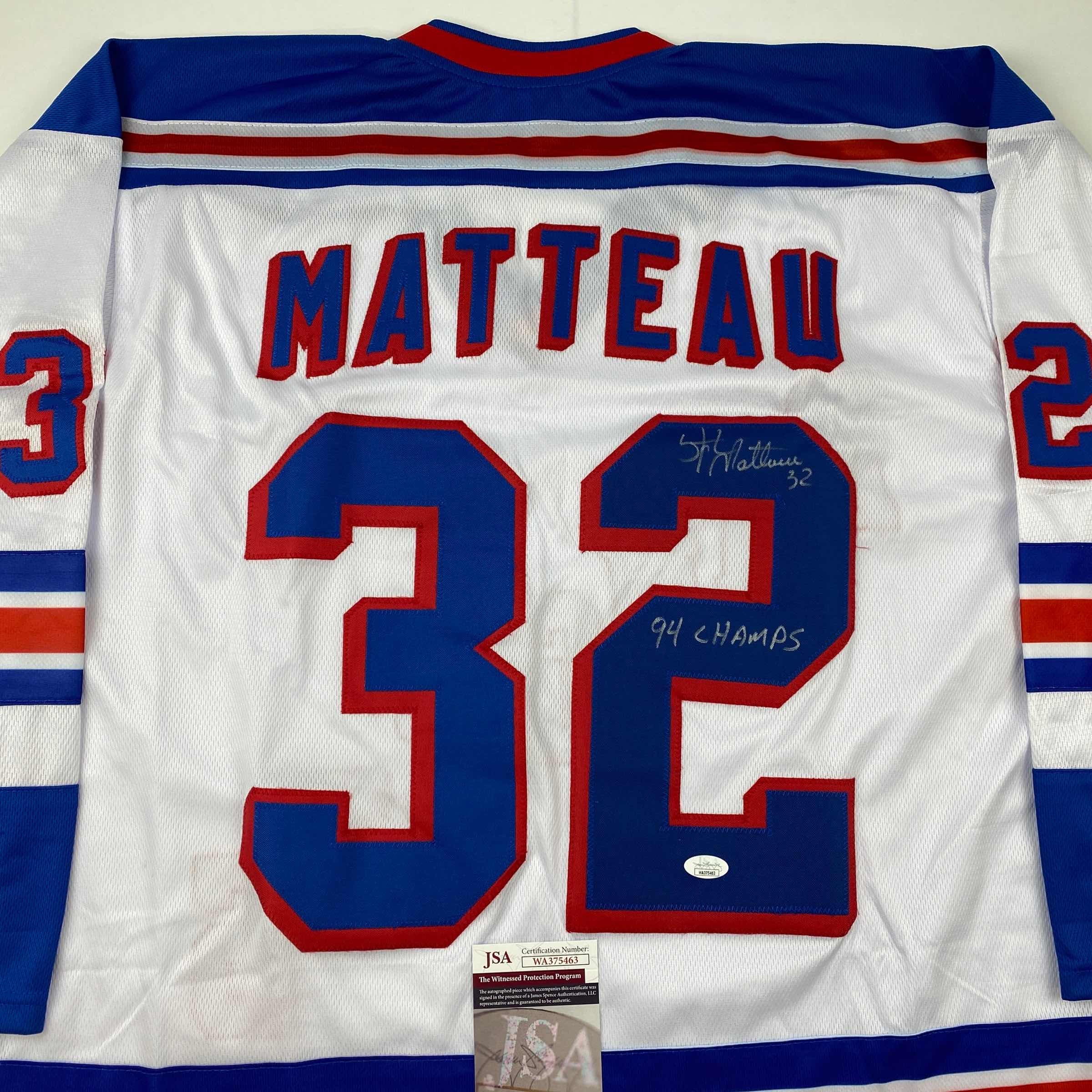 Autographed/Signed Stephane Matteau 94 Champs New York White Hockey Jersey JSA COA