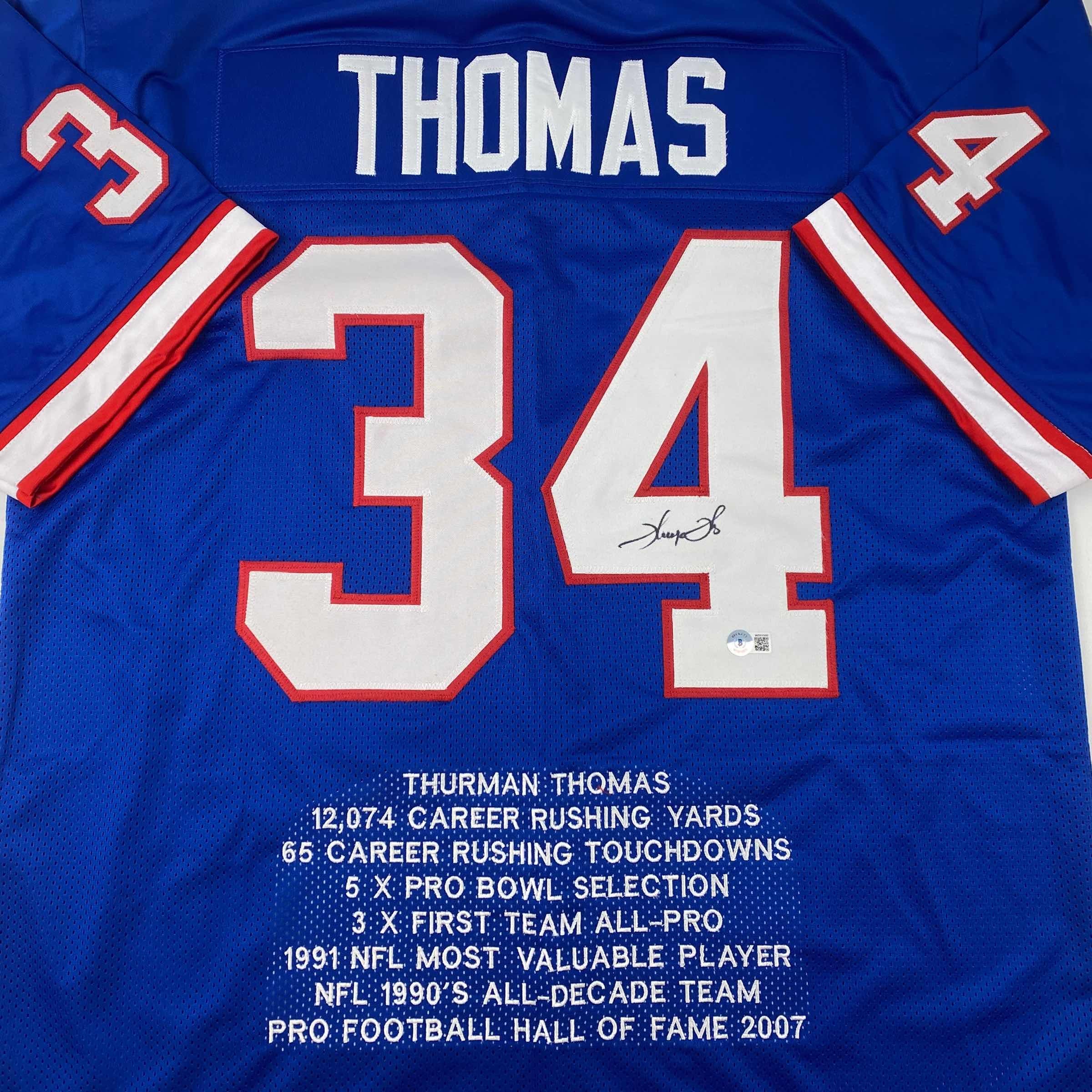 Autographed/Signed Thurman Thomas Buffalo Blue Stat Football Jersey Beckett BAS COA