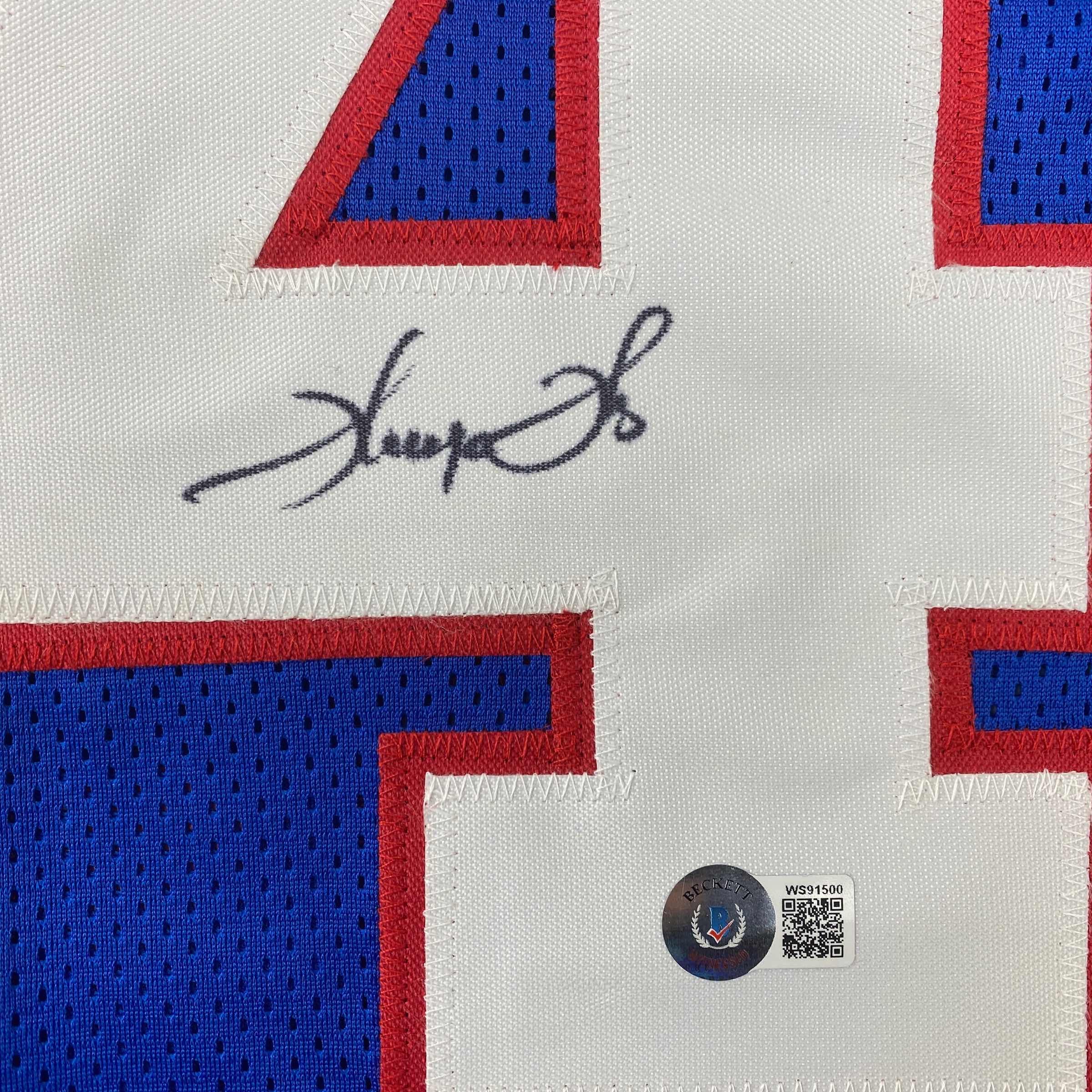 Autographed/Signed Thurman Thomas Buffalo Blue Stat Football Jersey Beckett BAS COA