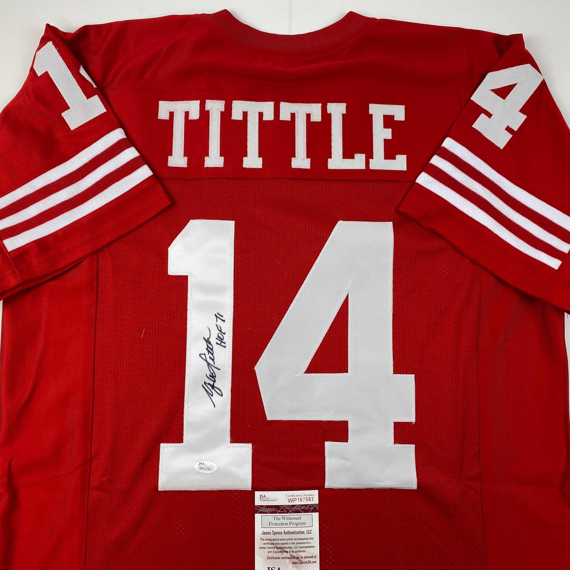 Autographed/Signed YA Y.A. Tittle HOF 71 San Francisco Red Football Jersey JSA COA
