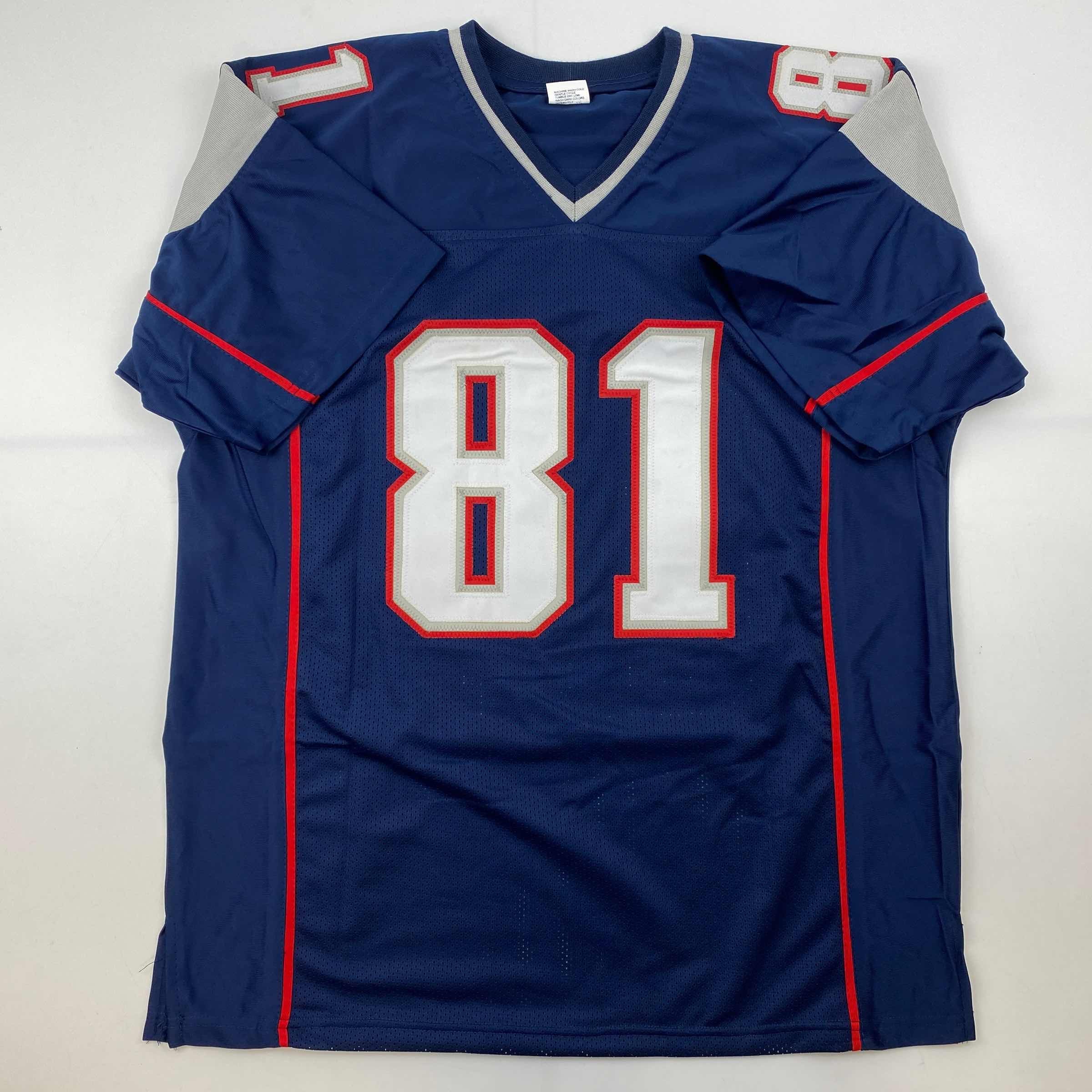Facsimile Autographed Randy Moss New England Blue Reprint Laser Auto Football Jersey Size Men's XL