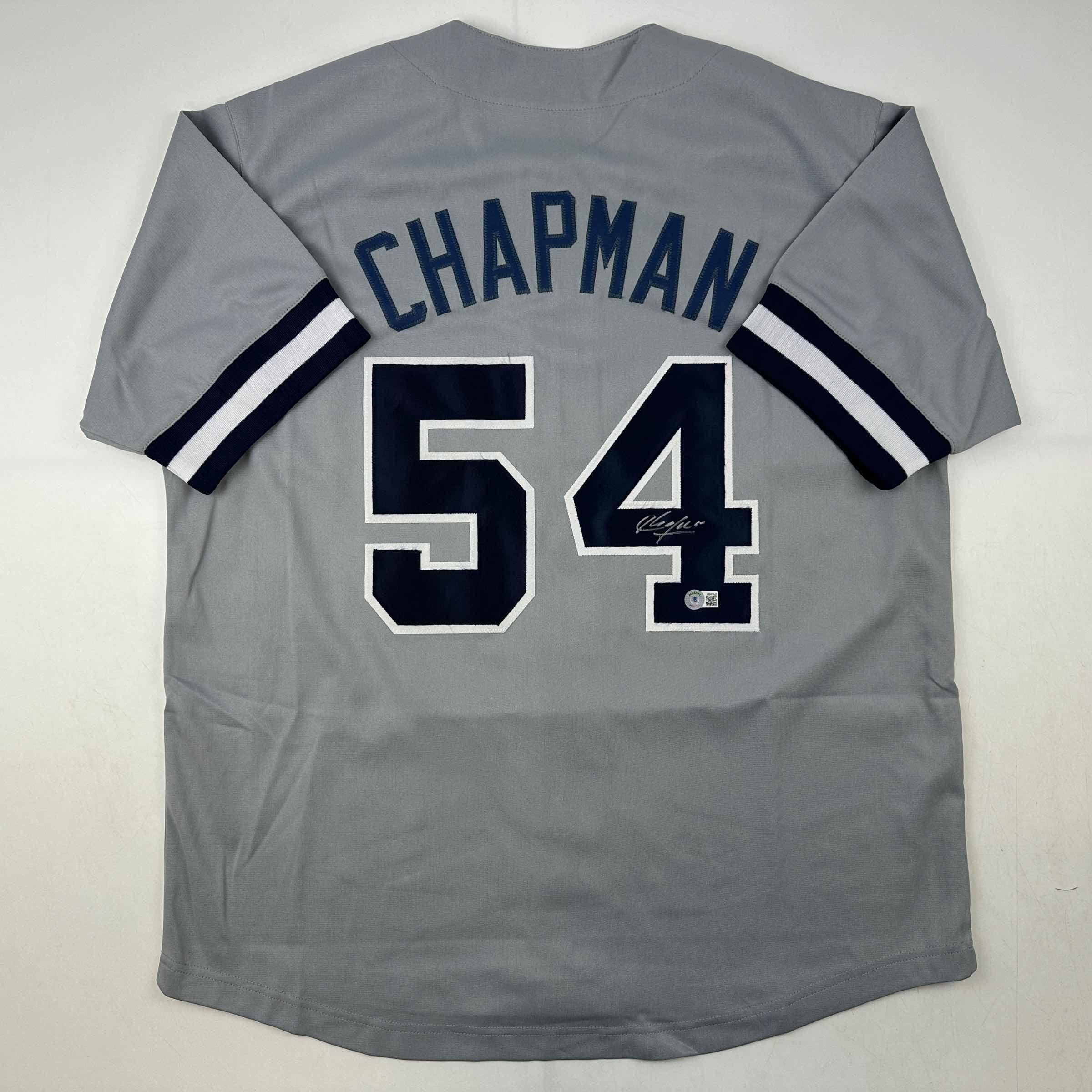 Autographed/Signed Aroldis Chapman New York Grey Baseball Jersey Beckett BAS COA