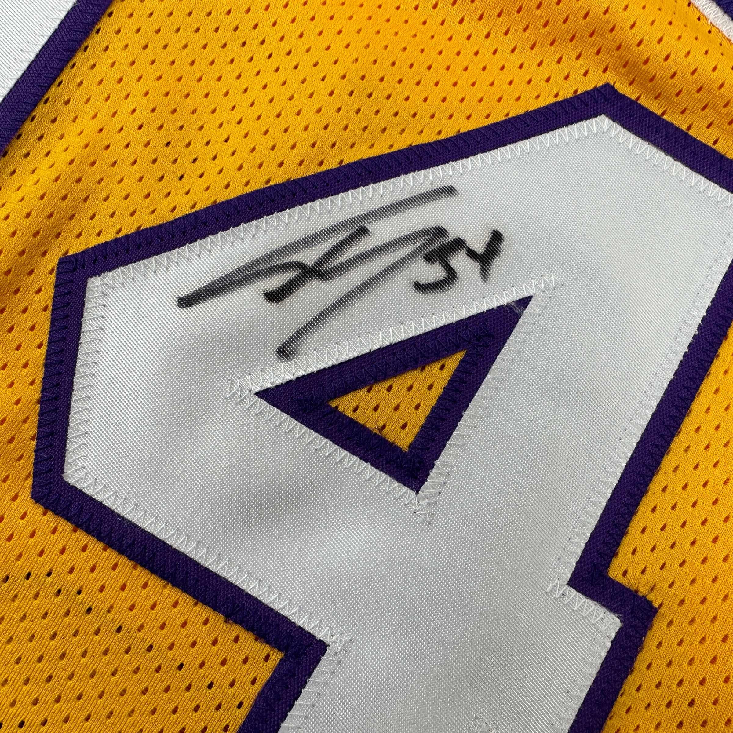 Autographed/Signed Shaquille Shaq O'Neal Los Angeles LA Yellow Stat Basketball Jersey Beckett BAS COA