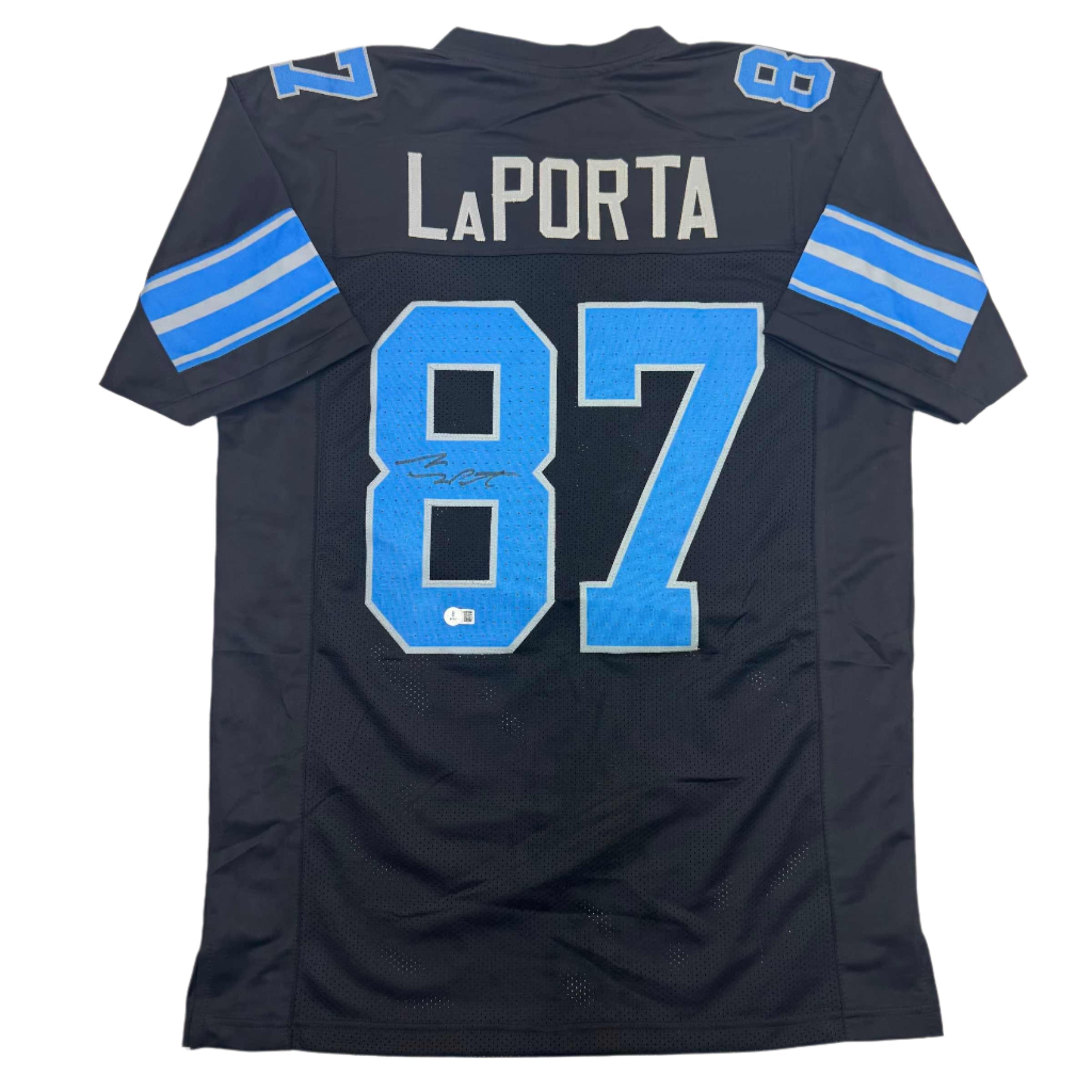 Autographed/Signed Sam LaPorta Detroit Black Football Jersey Beckett BAS COA
