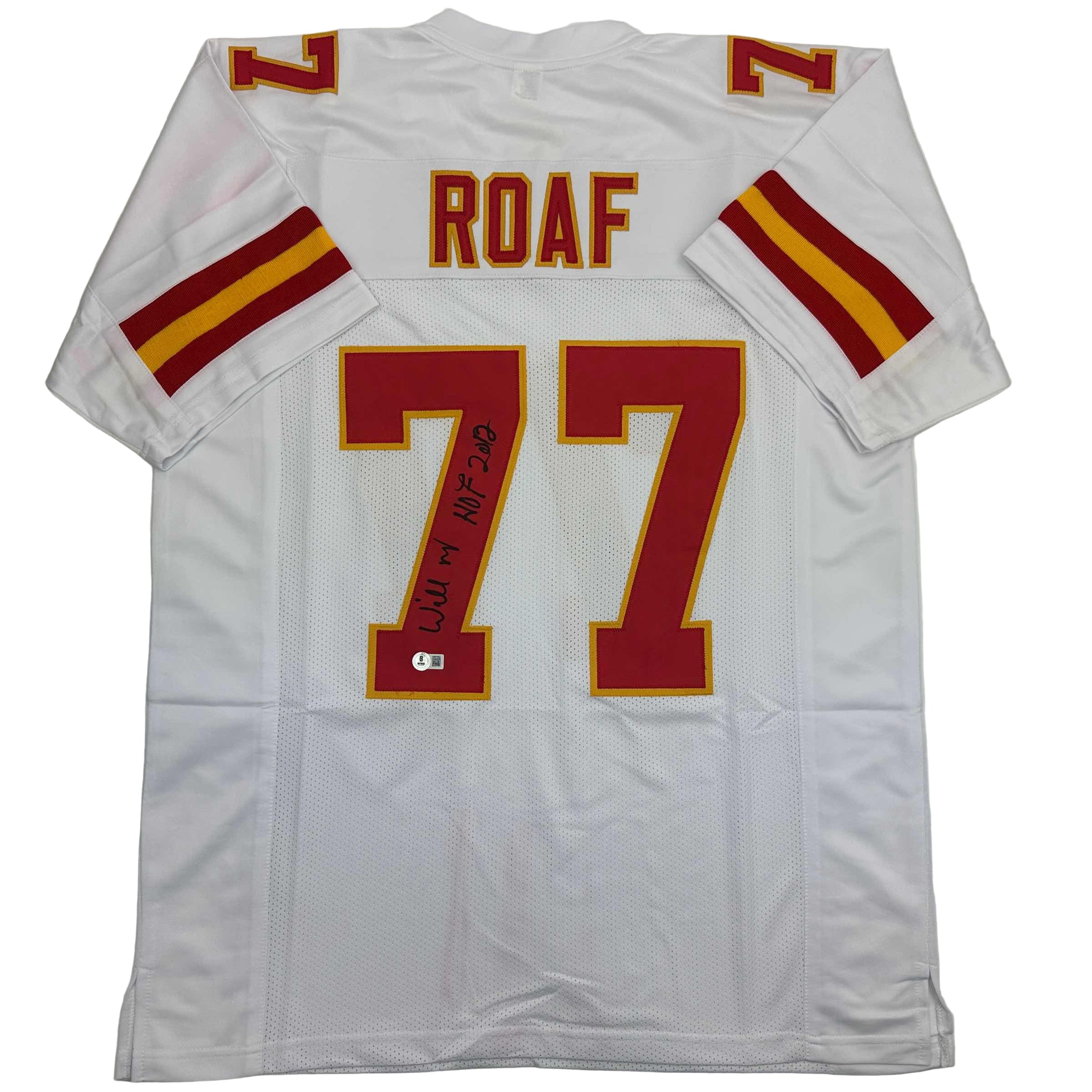 Autographed/Signed Willie Roaf HOF 2012 Kansas City White Football Jersey Beckett BAS COA