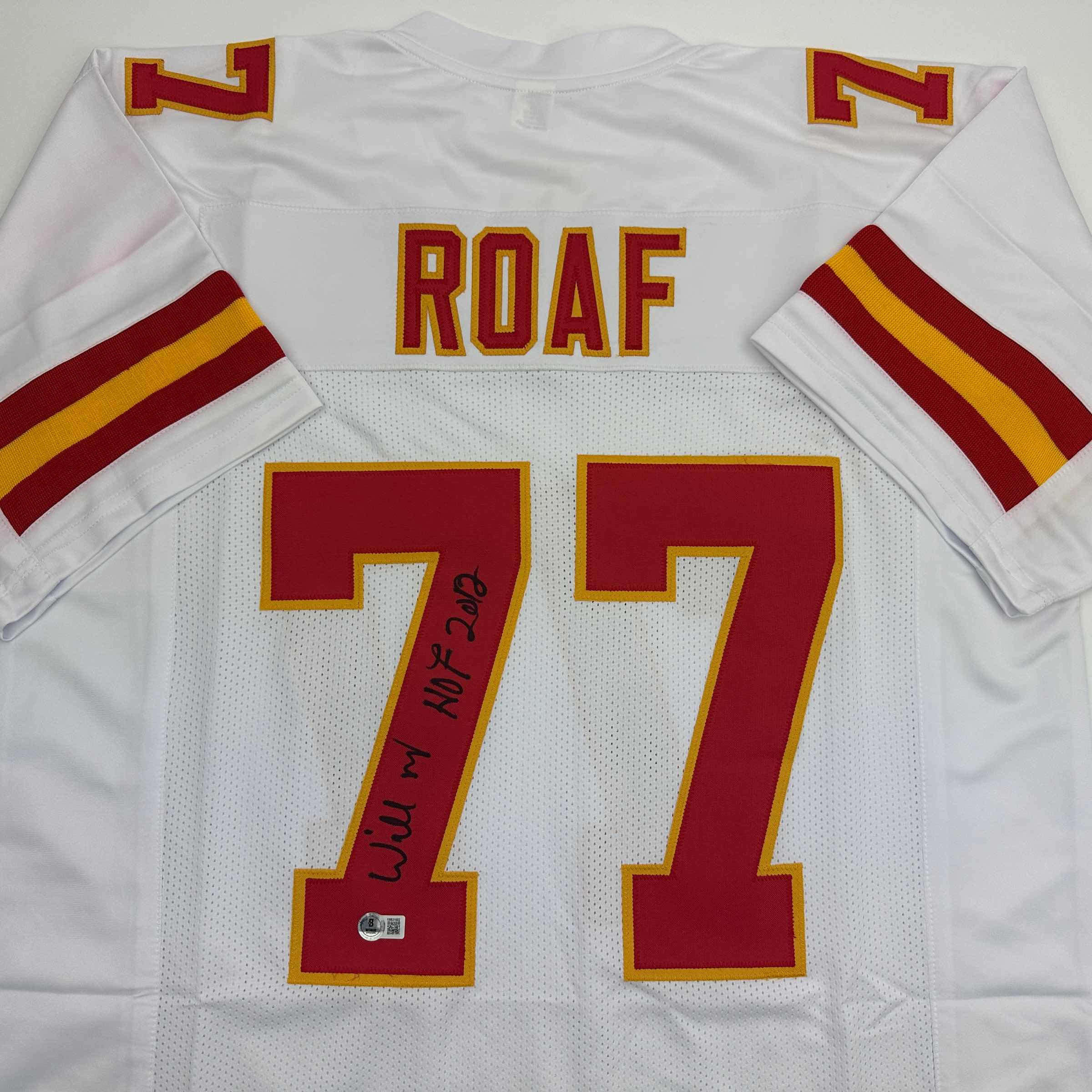 Autographed/Signed Willie Roaf HOF 2012 Kansas City White Football Jersey Beckett BAS COA