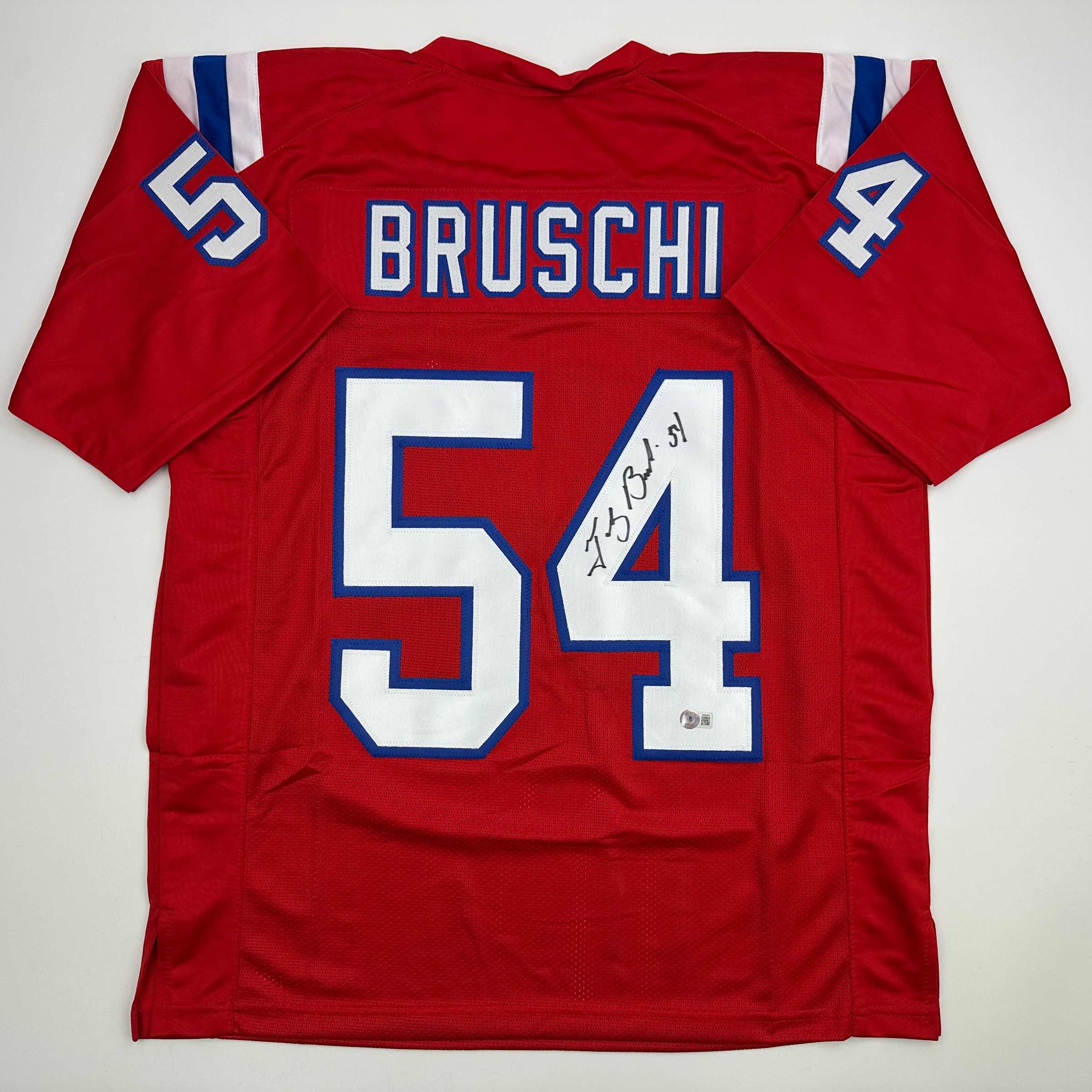 Autographed/Signed Tedy Bruschi New England Red Football Jersey Beckett BAS COA