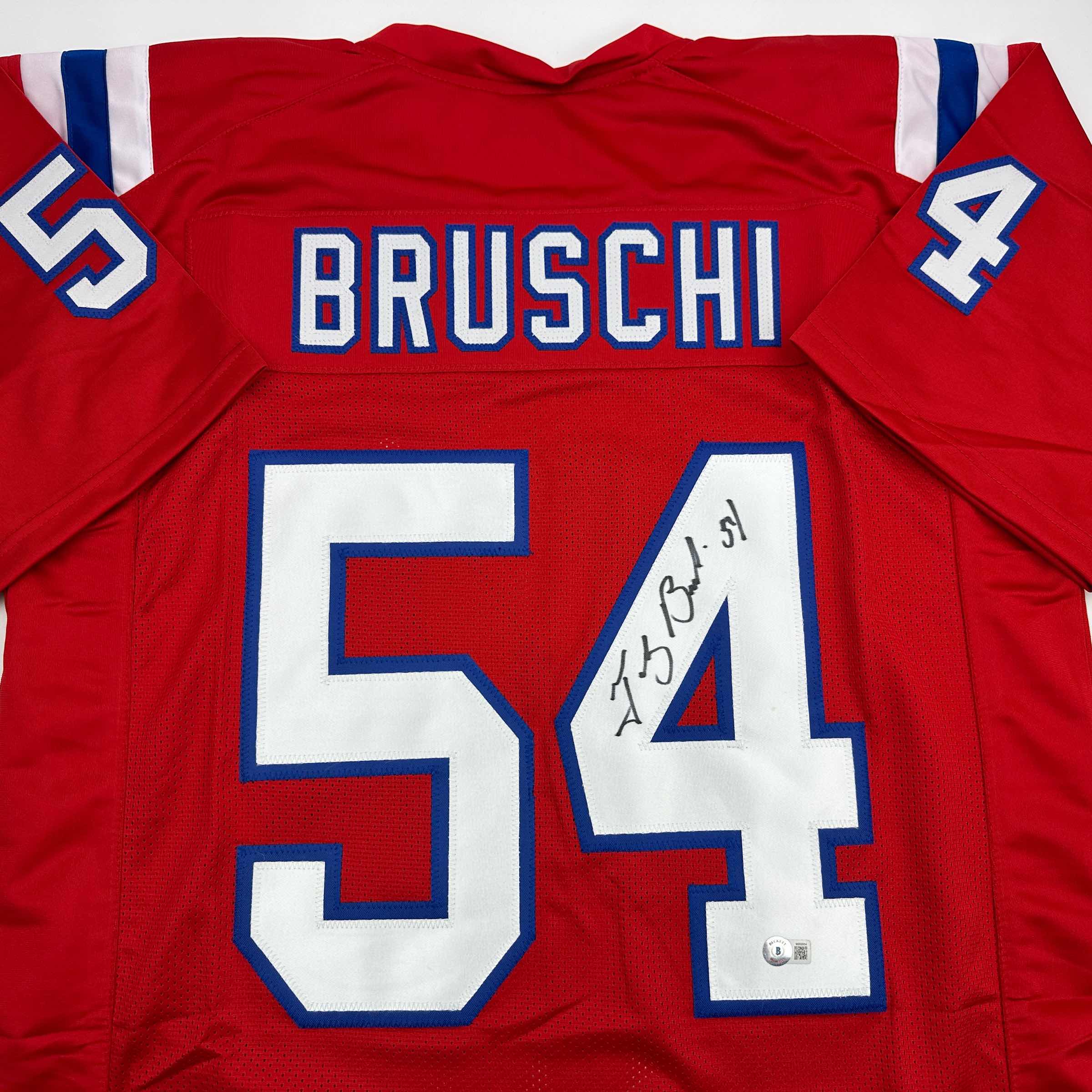 Autographed/Signed Tedy Bruschi New England Red Football Jersey Beckett BAS COA