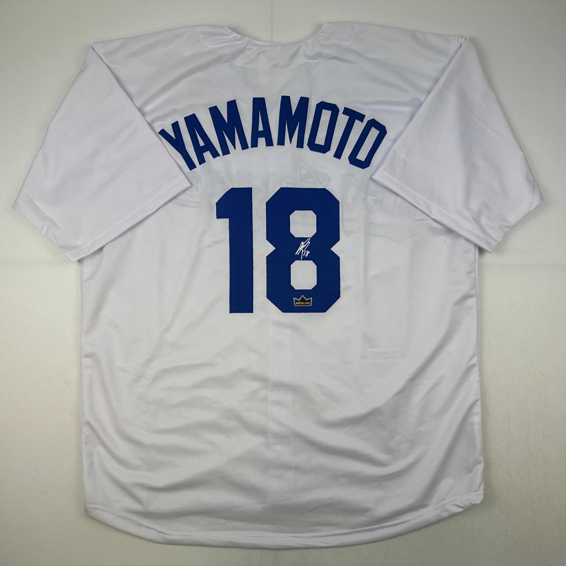 Facsimile Autographed Yoshinobu Yamamoto Los Angeles LA White Reprint Laser Auto Baseball Jersey Size Men's XL
