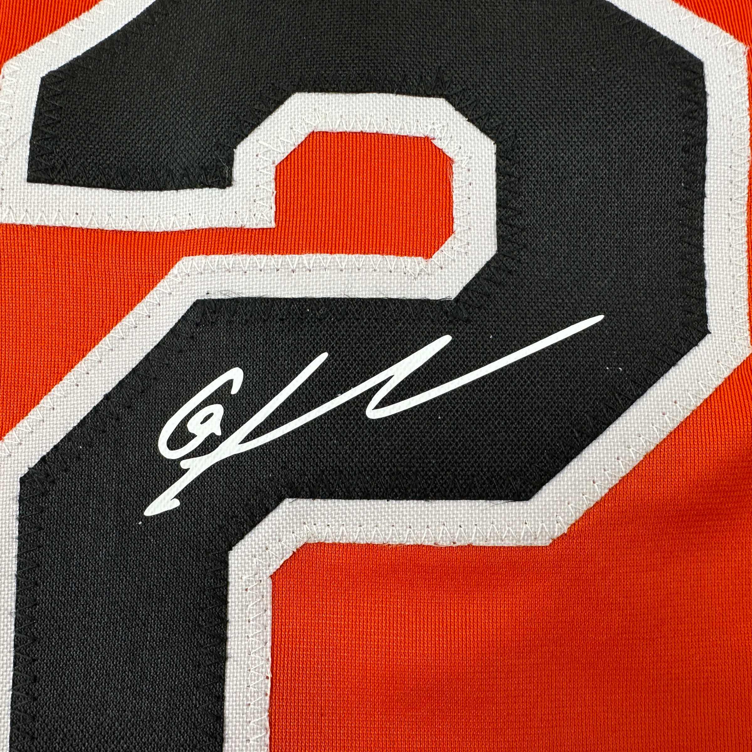Framed Facsimile Autographed Gunnar Henderson 35x39 Baltimore Orange Reprint Laser Auto Baseball Jersey