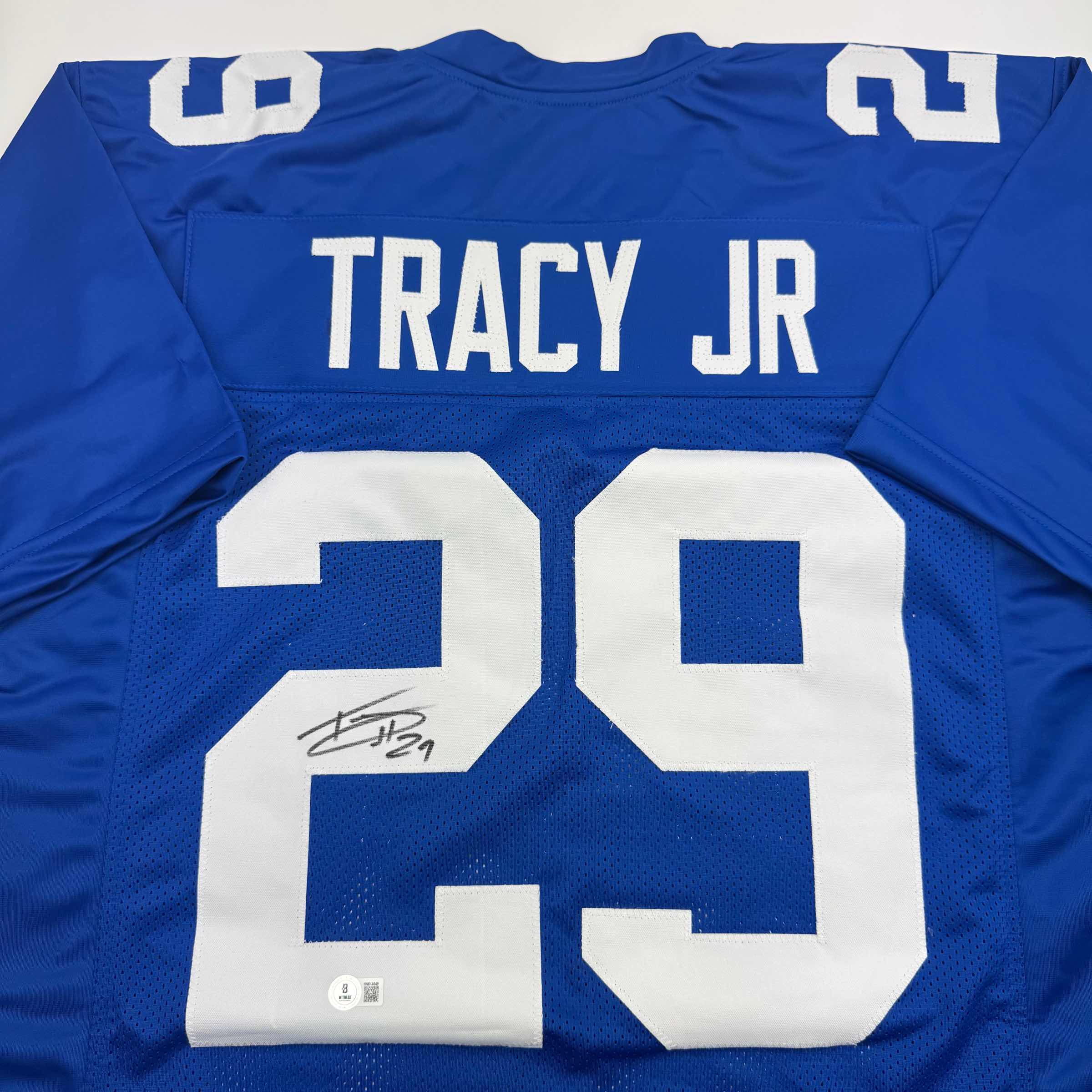 Autographed/Signed Tyrone Tracy Jr. New York Blue Football Jersey Beckett BAS COA