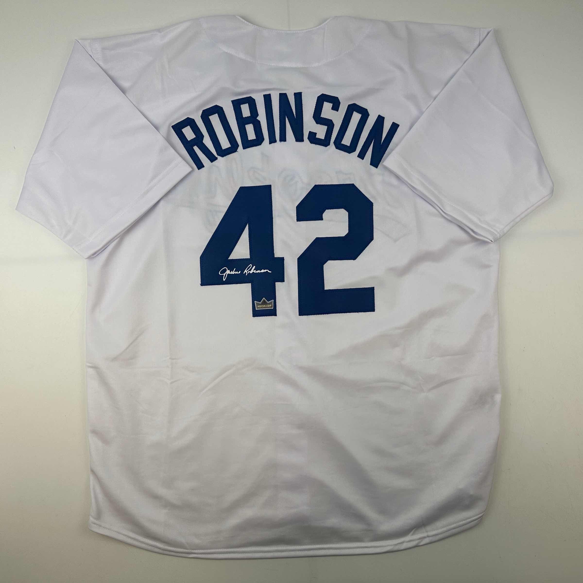 Facsimile Autographed Jackie Robinson Brooklyn Los Angeles LA White Reprint Laser Auto Baseball Jersey Size Men's XL