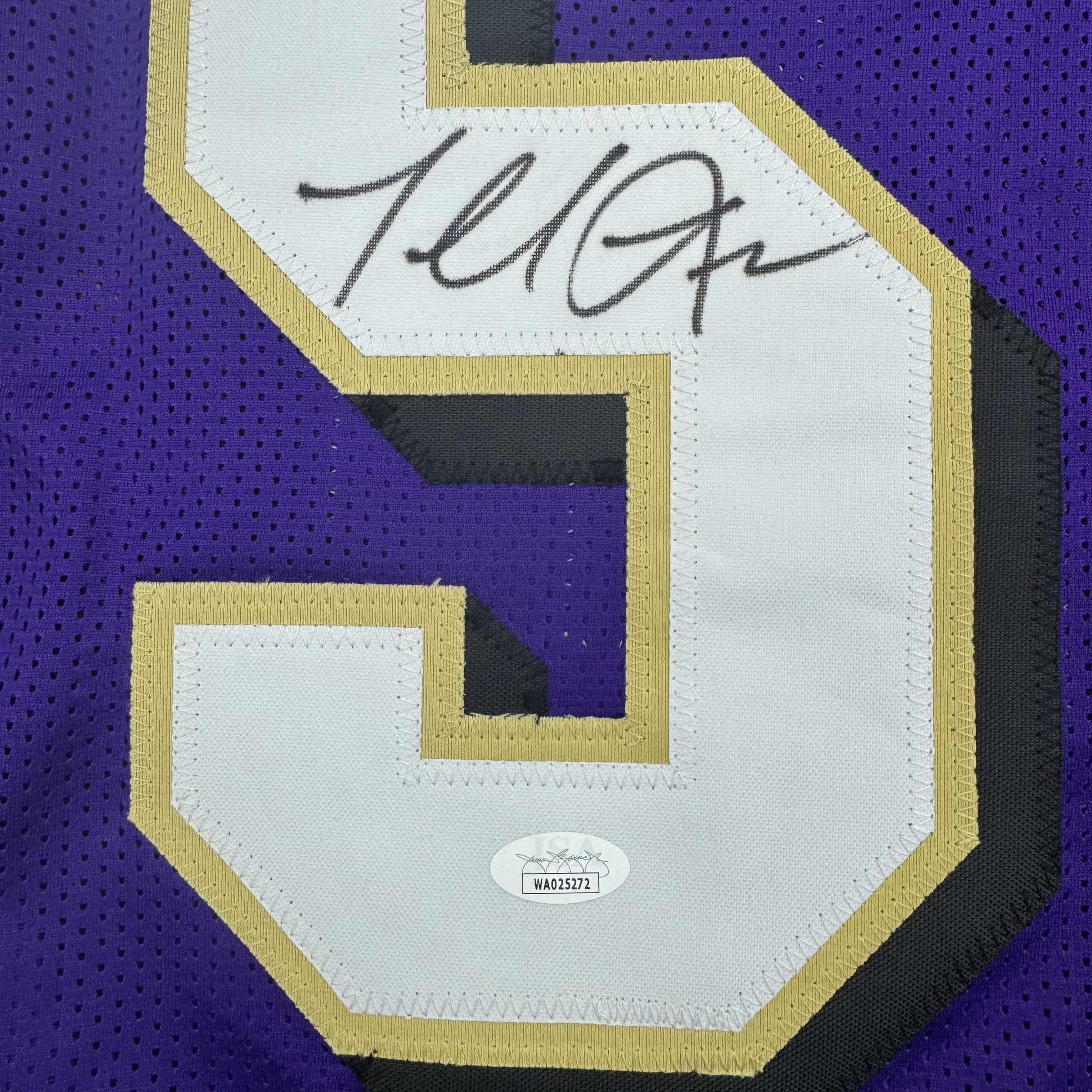 Autographed/Signed Terrell Suggs Baltimore Purple Football Jersey JSA COA #2