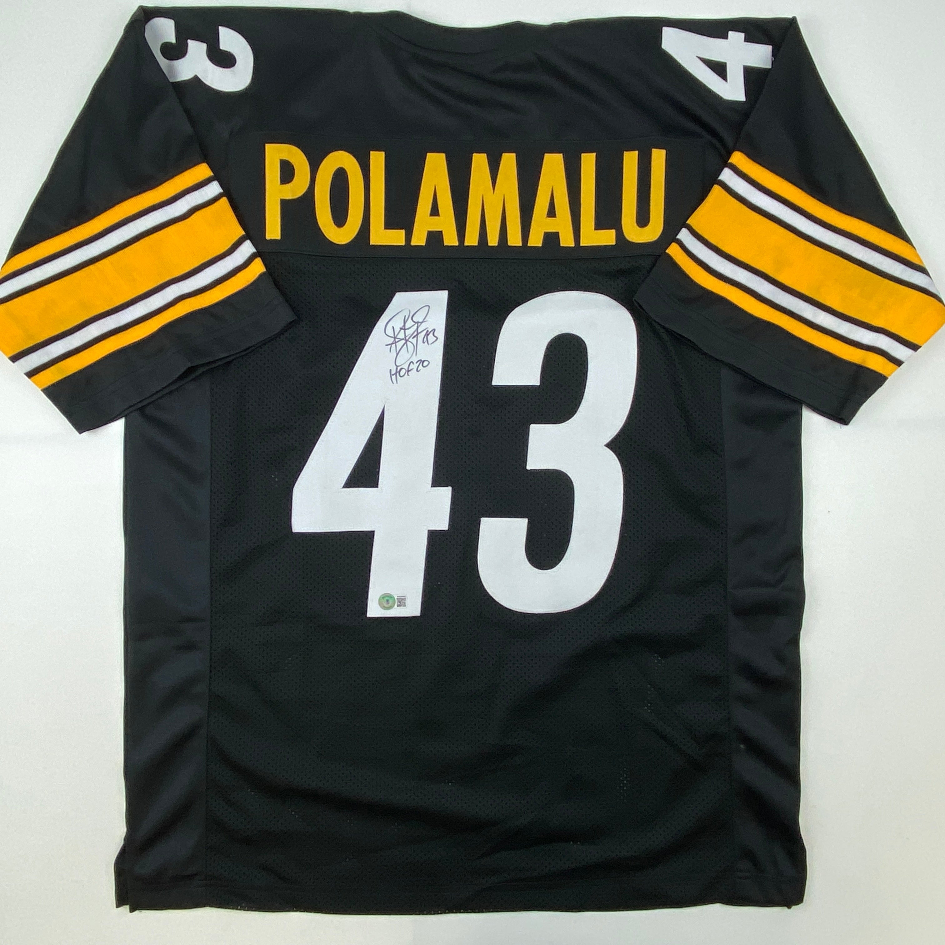 Autographed/Signed Troy Polamalu HOF 20 Pittsburgh Black Football Jersey Beckett BAS COA