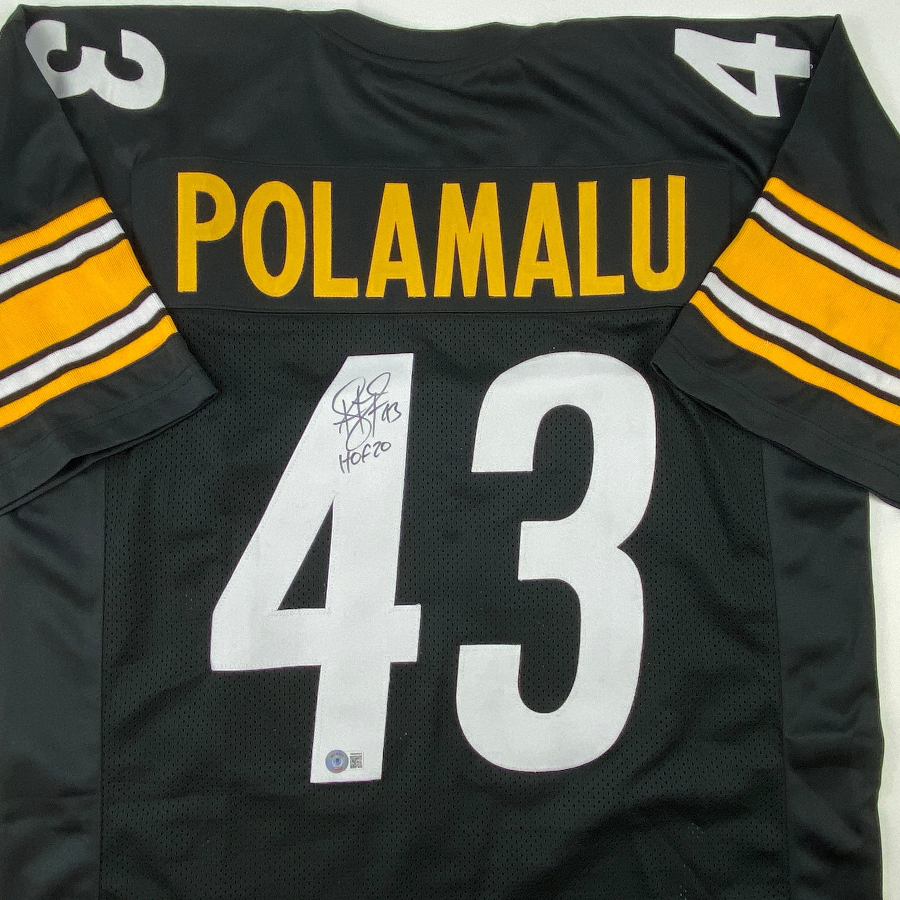 Autographed/Signed Troy Polamalu HOF 20 Pittsburgh Black Football Jersey Beckett BAS COA