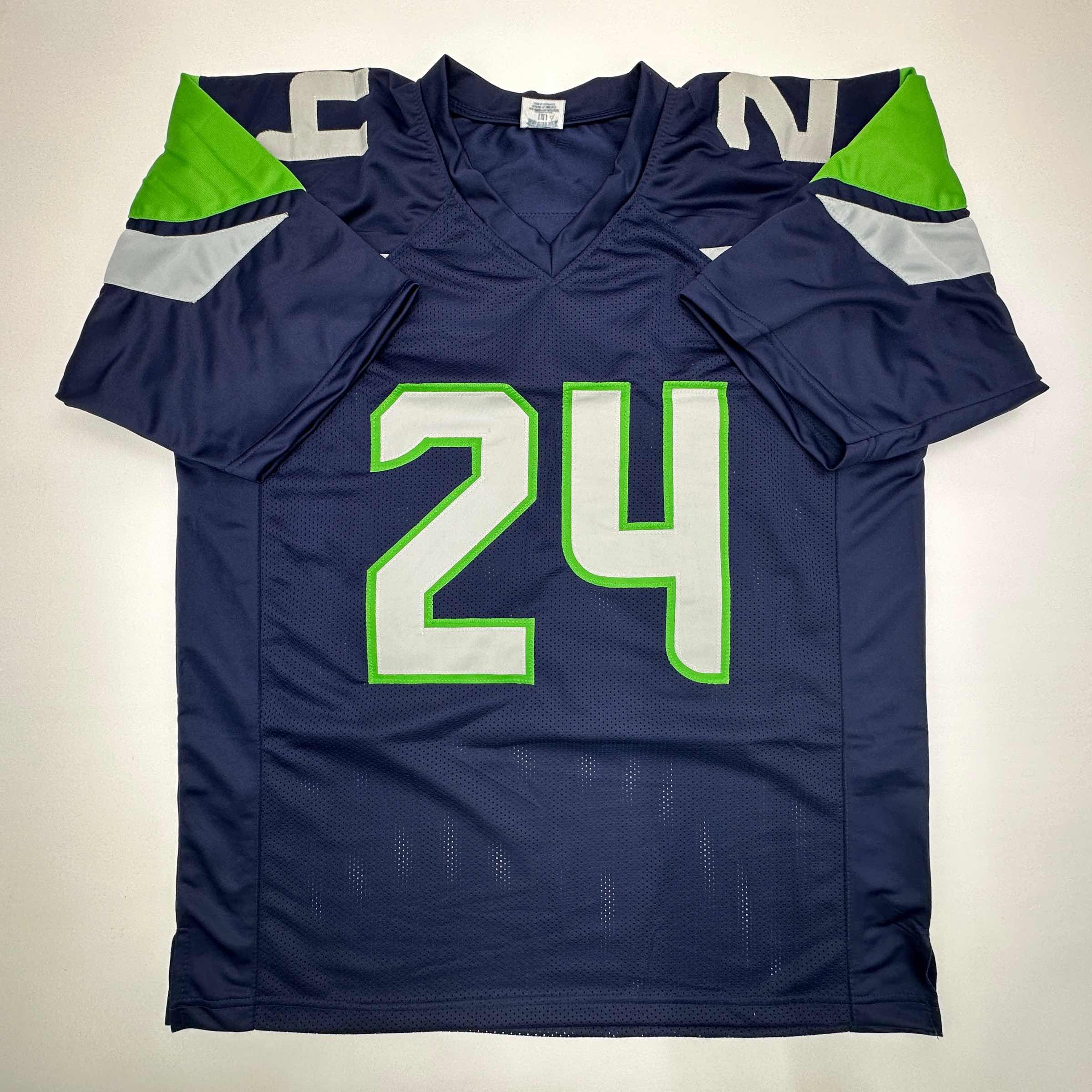 Facsimile Autographed Marshawn Lynch Seattle Blue Reprint Laser Auto Football Jersey Size Men's XL
