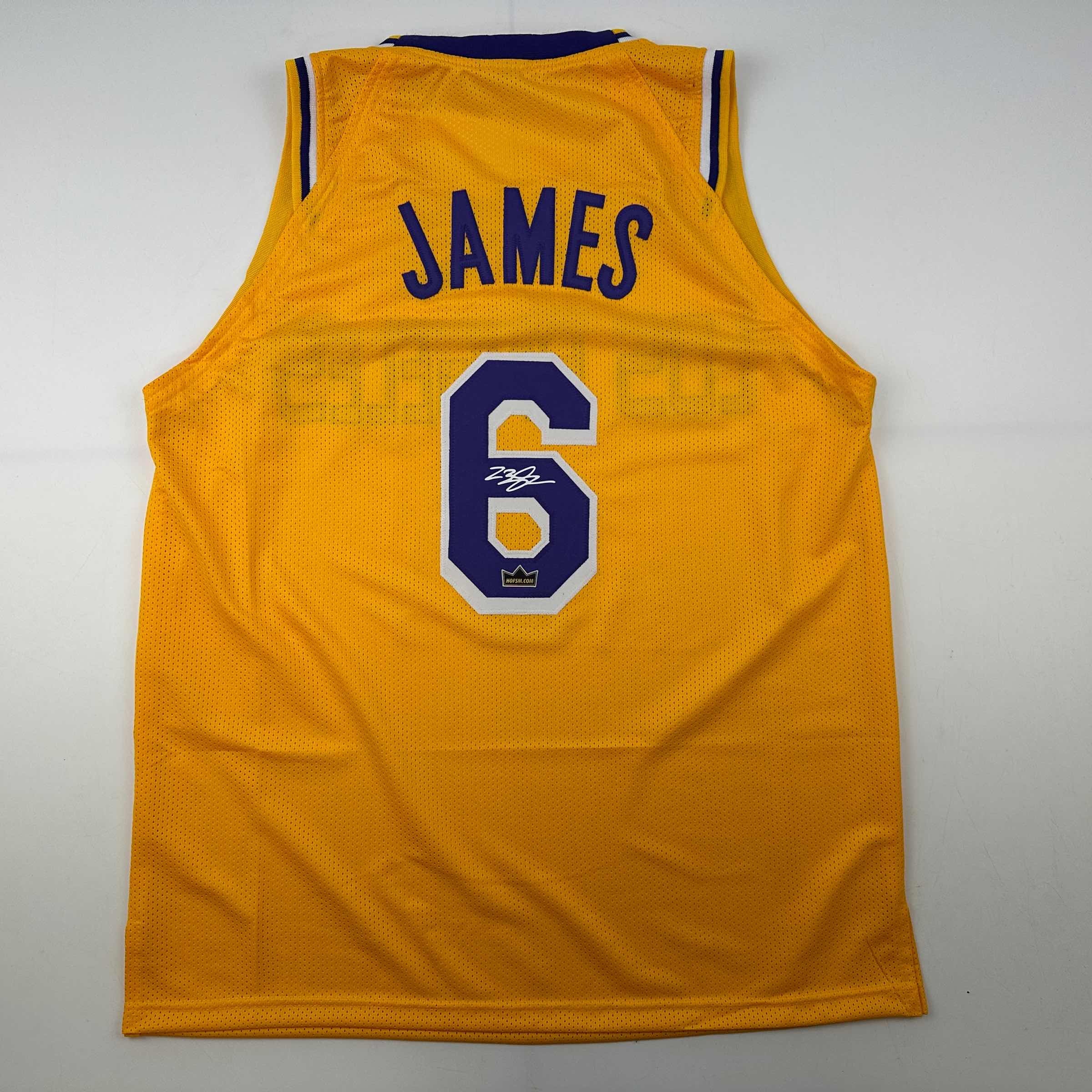 Facsimile Autographed LeBron James Los Angeles LA Yellow Reprint Laser Auto Basketball Jersey Size Men's XL