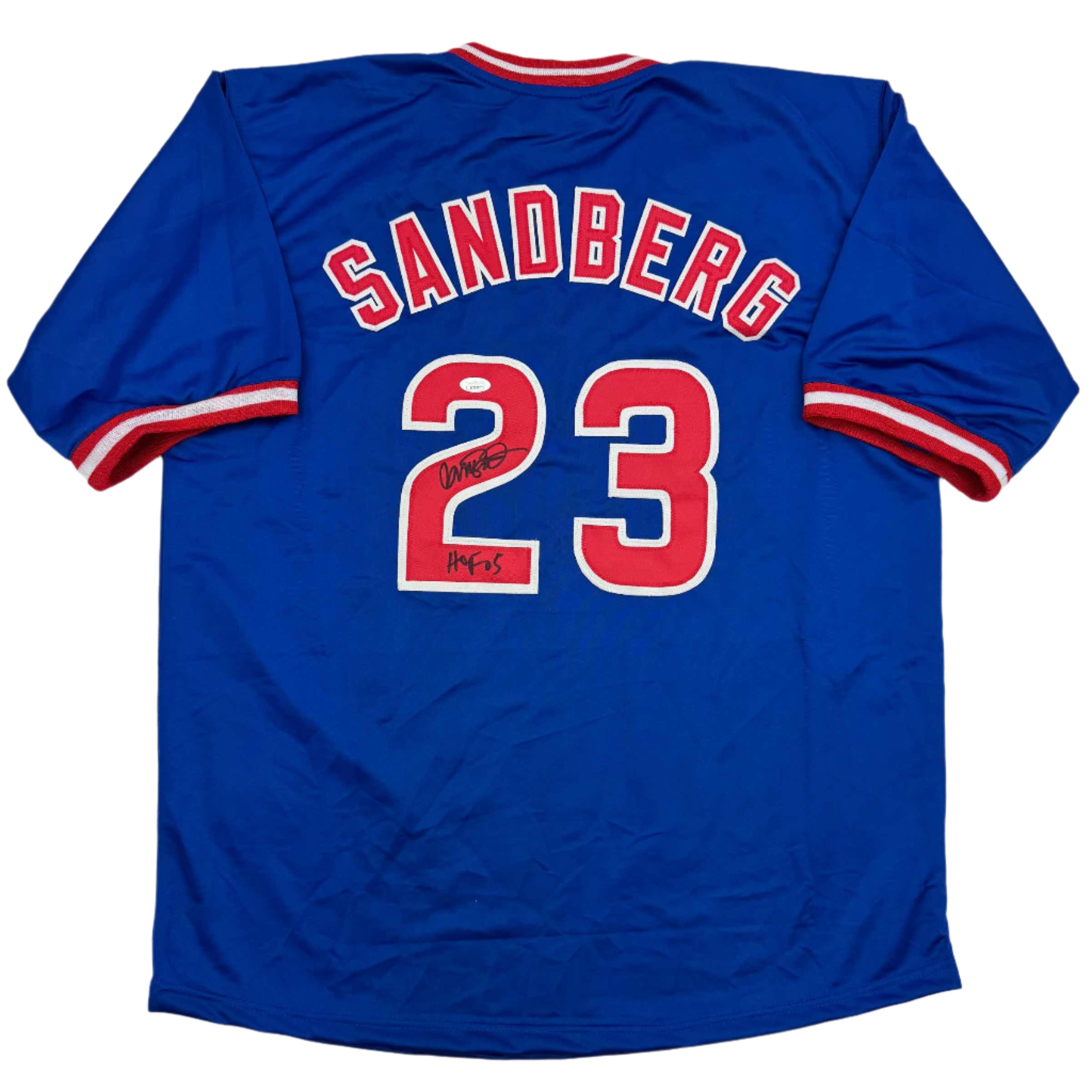 Autographed/Signed Ryne Sandberg HOF 05 Chicago Blue Baseball Jersey JSA COA