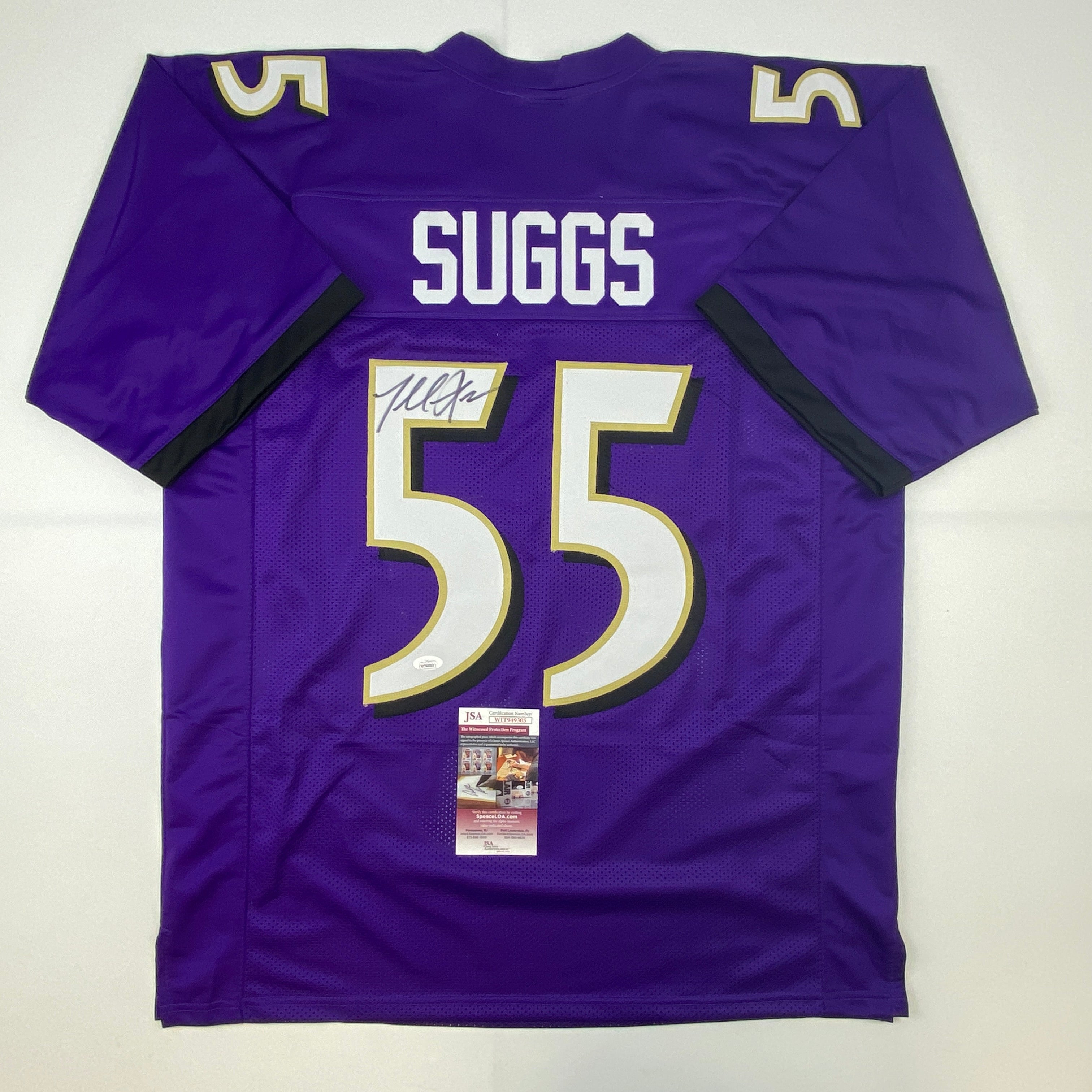 Autographed/Signed Terrell Suggs Baltimore Purple Football Jersey JSA COA
