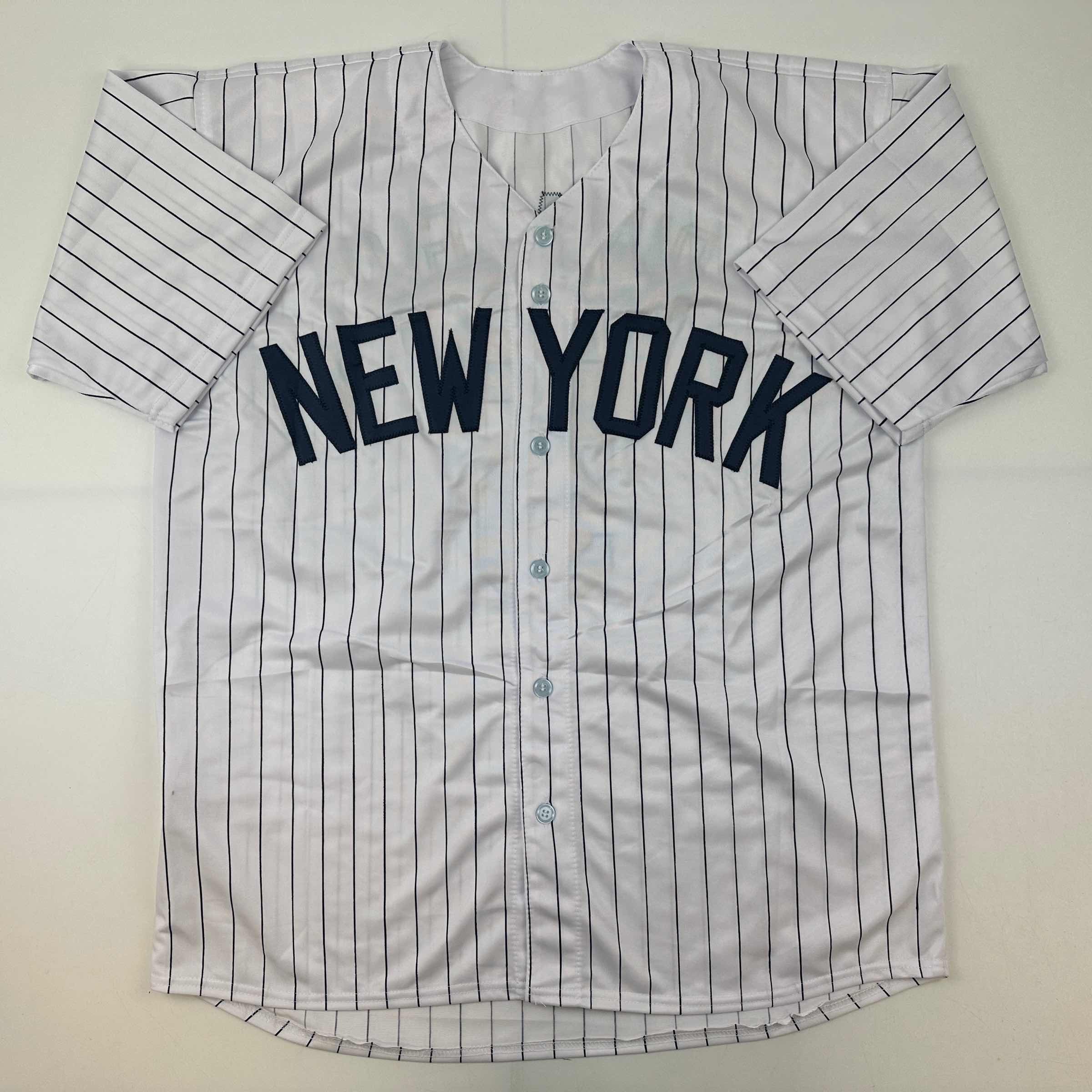 Facsimile Autographed Joe DiMaggio New York Pinstripe Reprint Laser Auto Baseball Jersey Size Men's XL