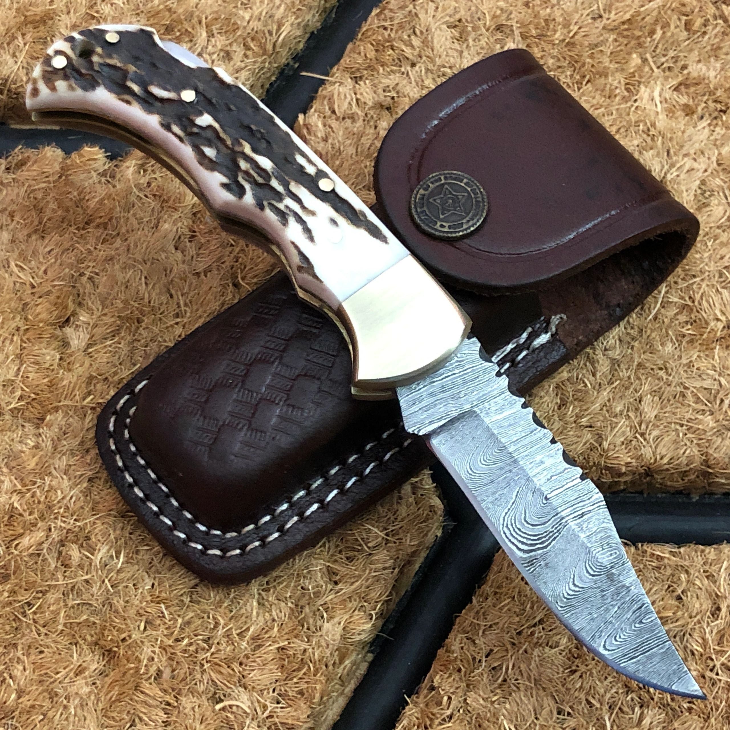 Utility Folding Pocket Knife | Antler Horn Handle with Brass Bolster | 3-Inch Blade | Leather Case | KBS Knives Store