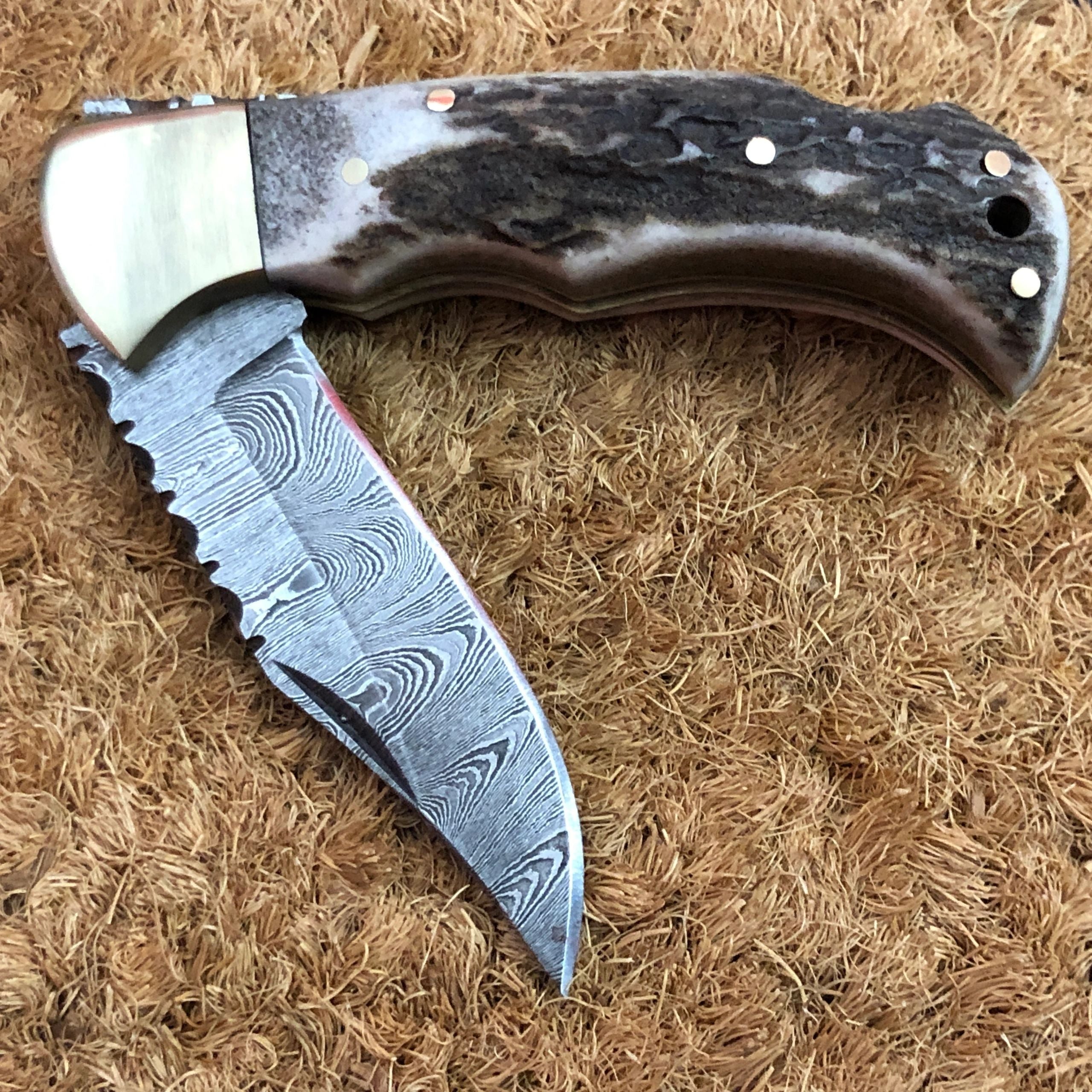 Utility Folding Pocket Knife | Antler Horn Handle with Brass Bolster | 3-Inch Blade | Leather Case | KBS Knives Store