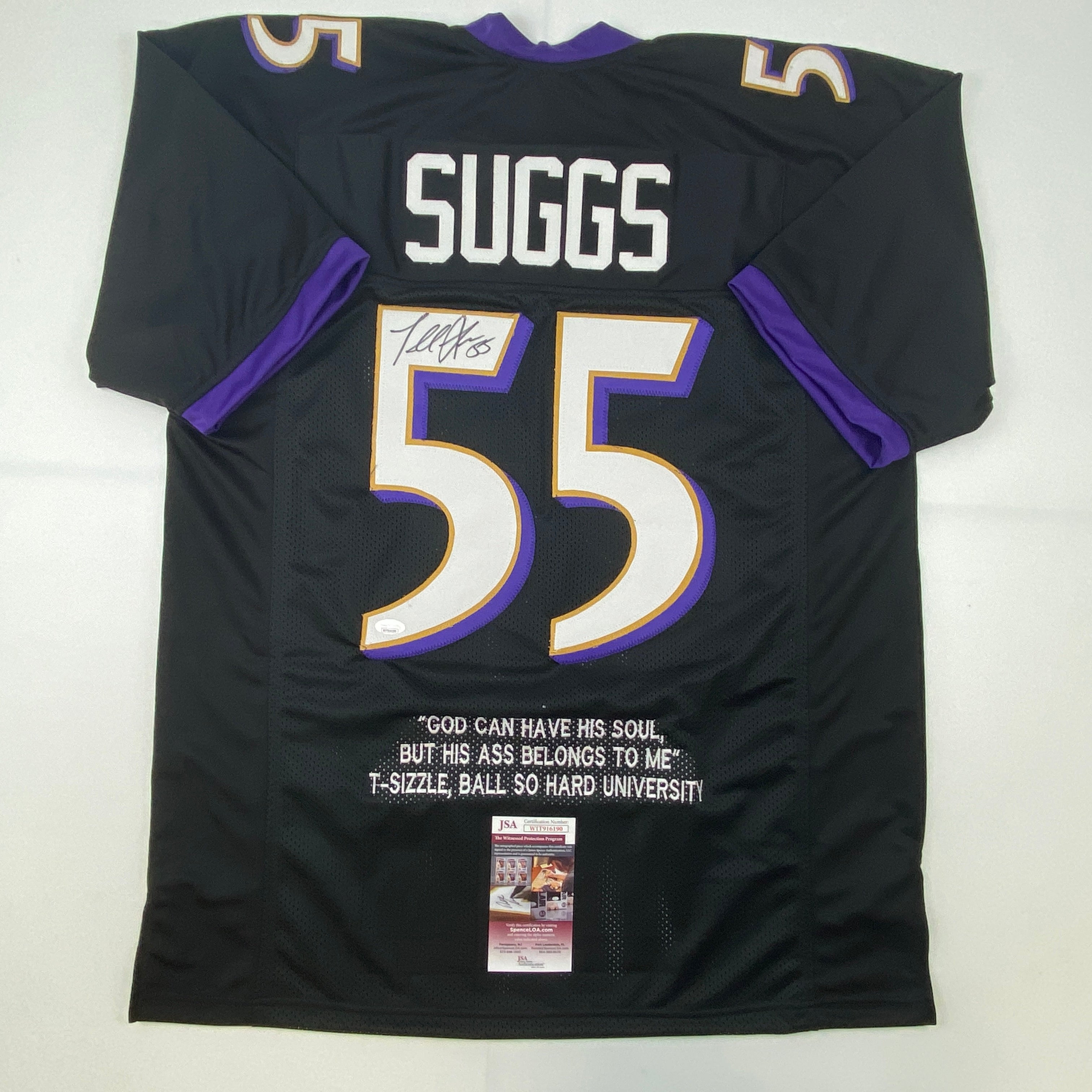 Autographed/Signed Terrell Suggs Baltimore Black Quote Football Jersey JSA COA