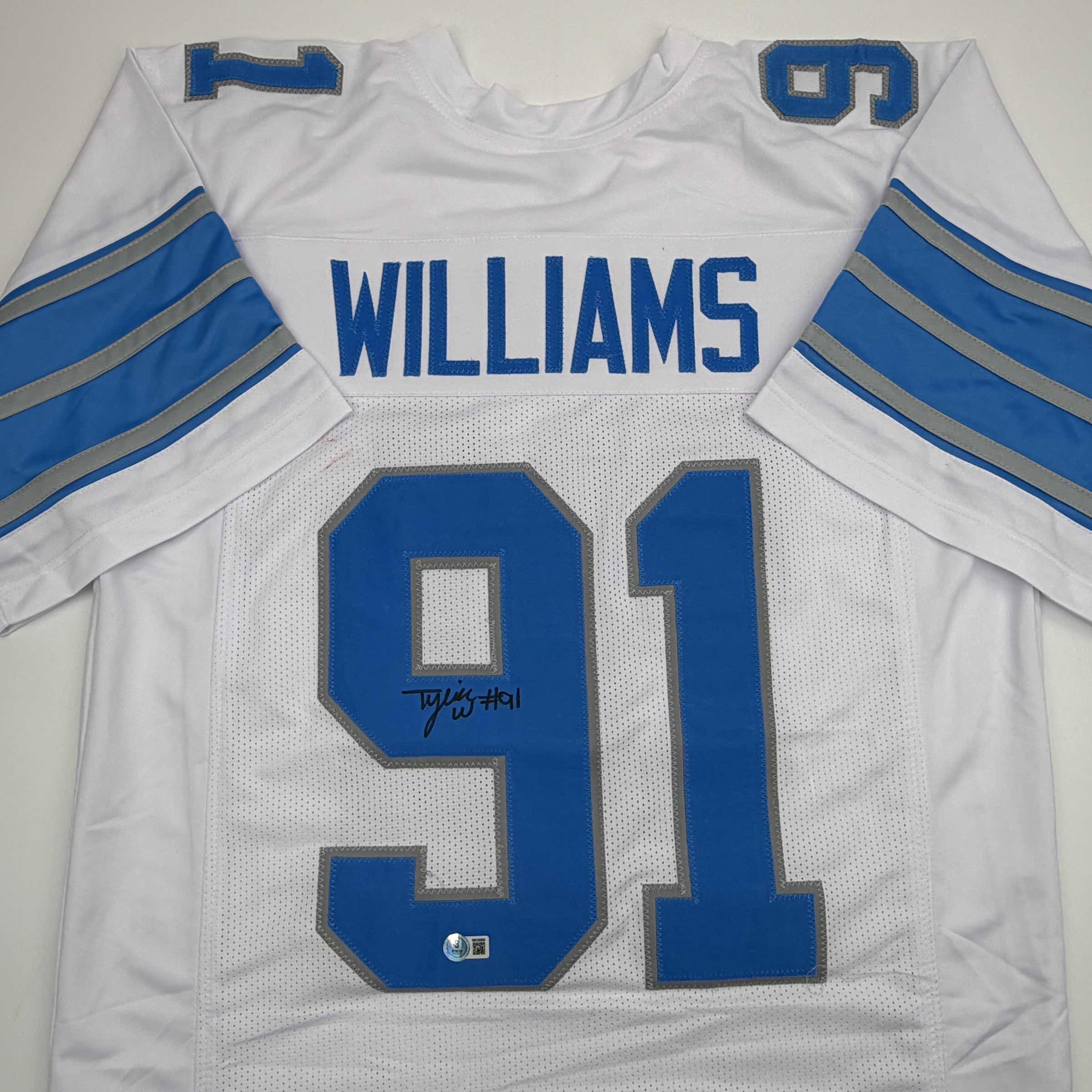 Autographed/Signed Tyleik Williams Detroit White Football Jersey Beckett BAS COA