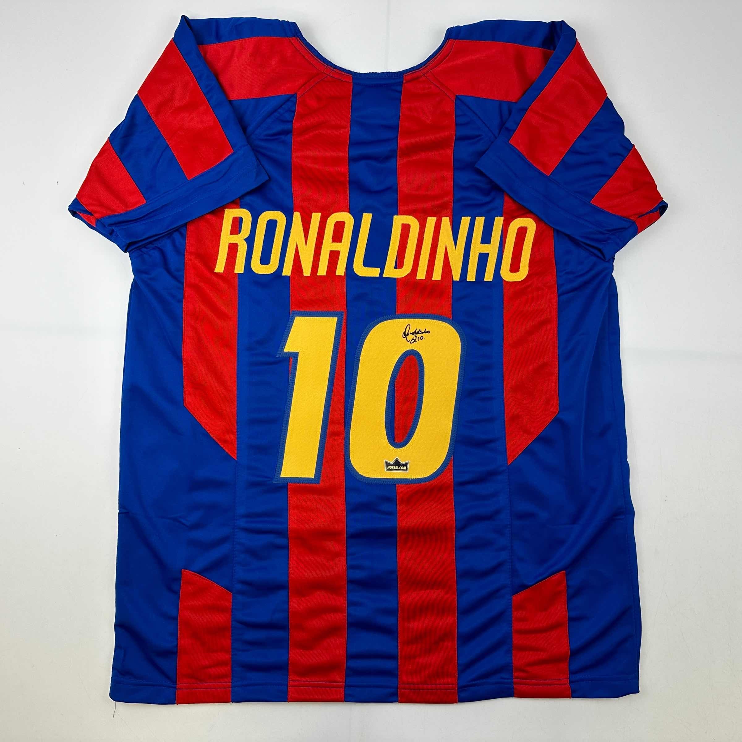 Facsimile Autographed Ronaldinho FC Barcelona Blue/Red Reprint Laser Auto Soccer Jersey Size Men's XL
