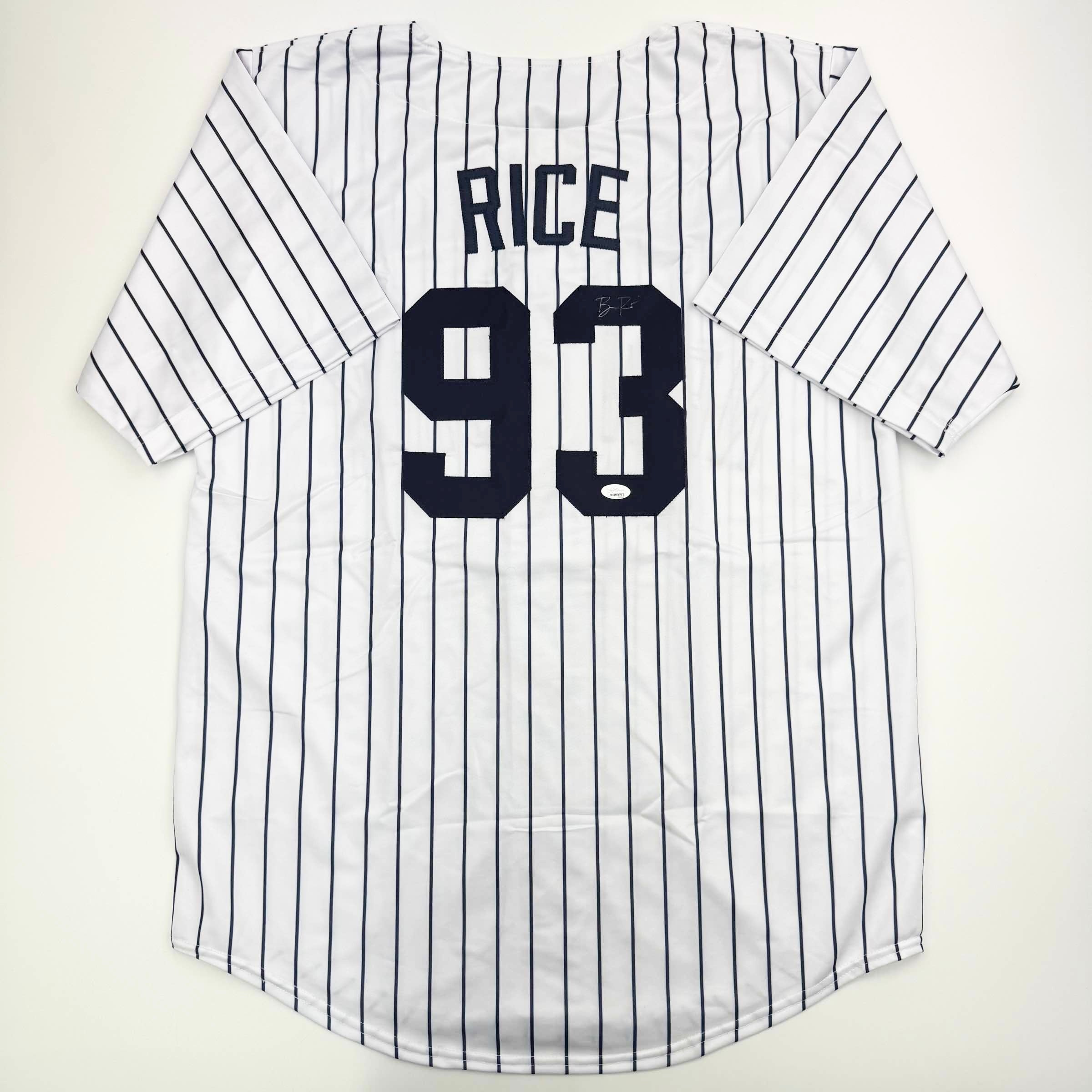 FADED Autographed/Signed Ben Rice New York Pinstripe Baseball Jersey JSA COA