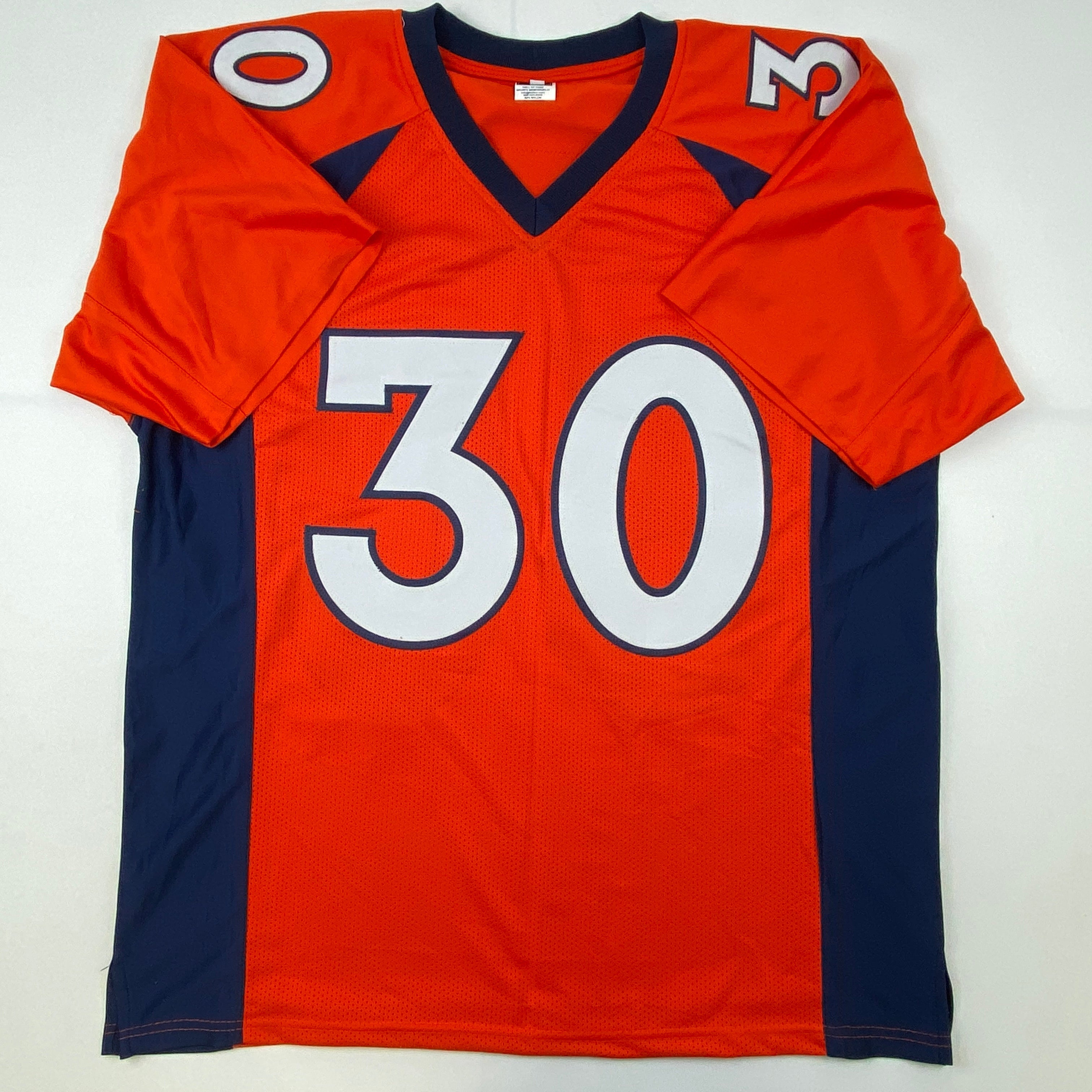 Autographed/Signed Terrell Davis SB XXXII MVP Denver Orange Football Jersey JSA COA