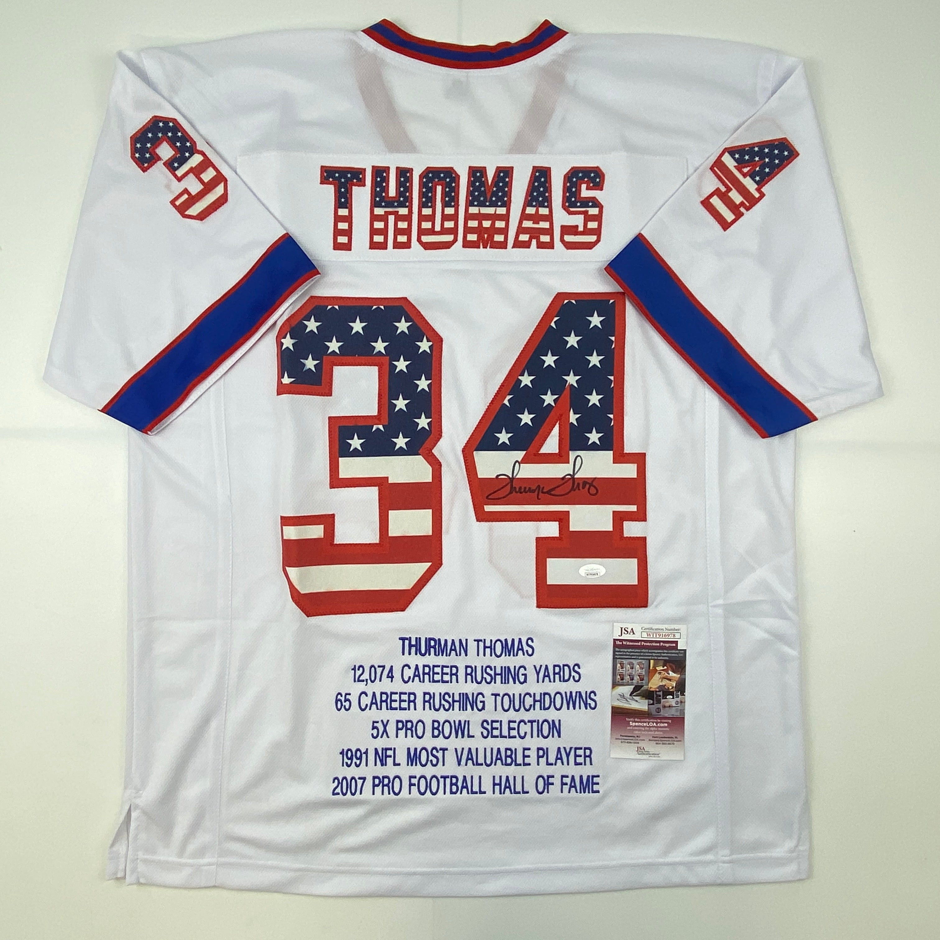 Autographed/Signed Thurman Thomas Buffalo White American Flag Football Jersey JSA COA